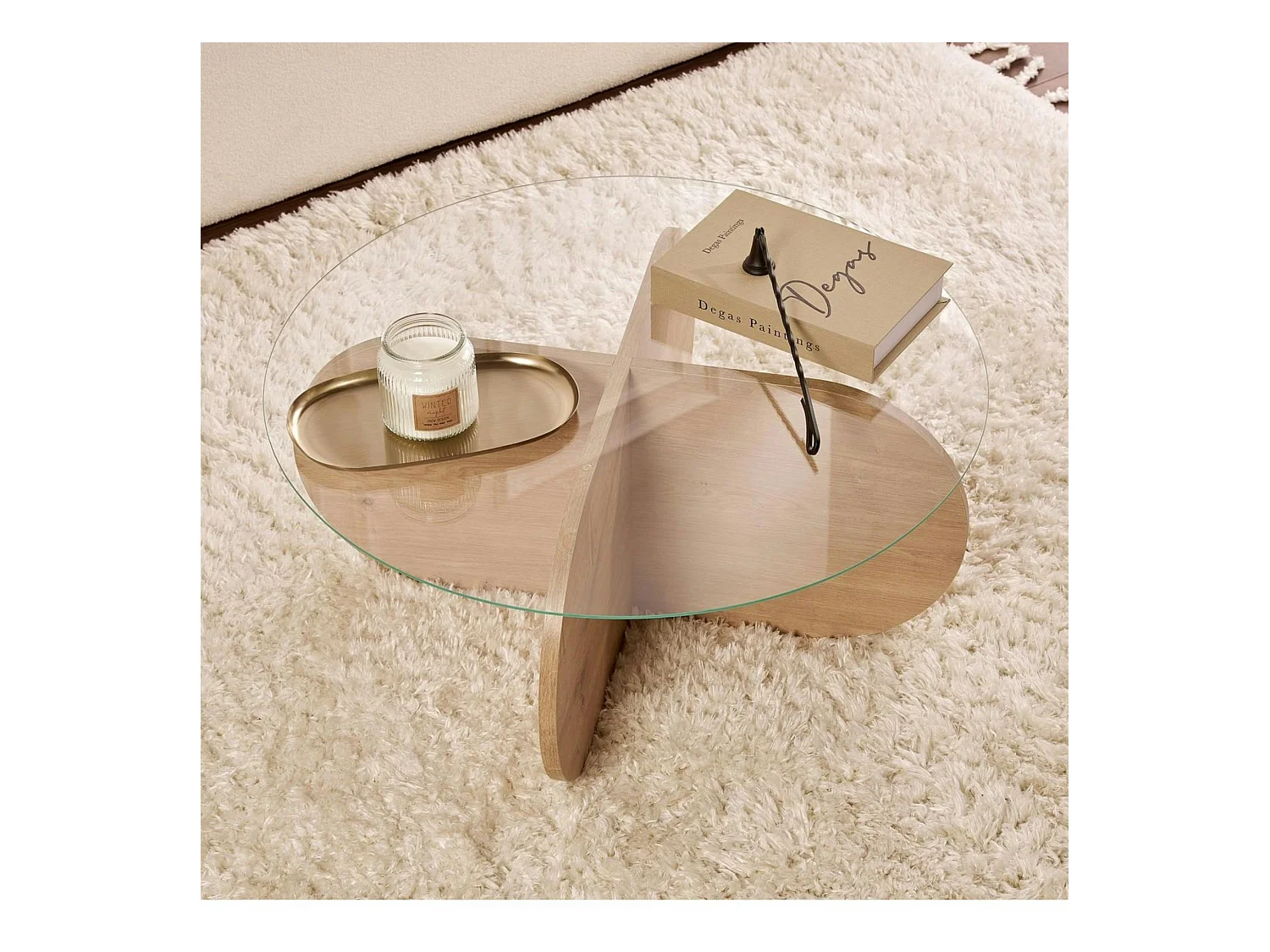 Table basse en verre - pied en croix effet chêne clair SALTA