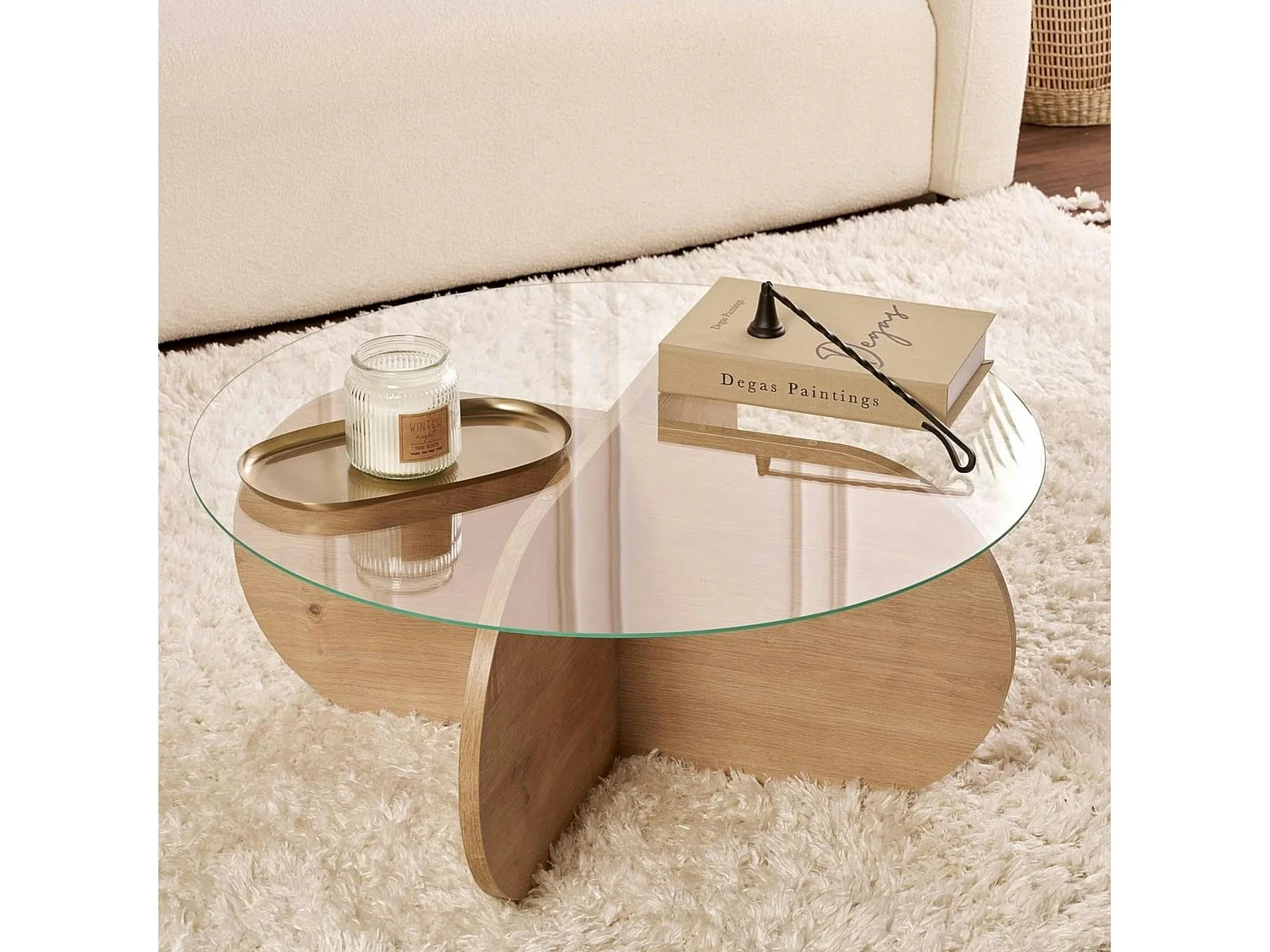 Table basse en verre - pied en croix effet chêne clair SALTA