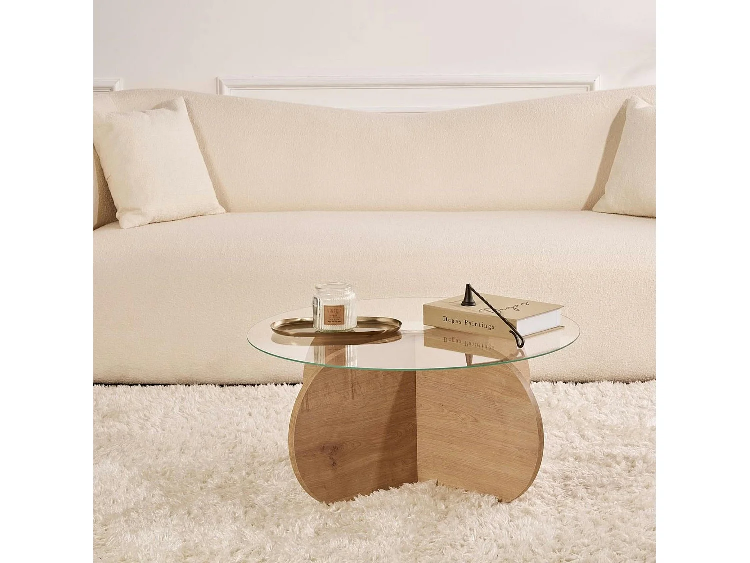 Table basse en verre - pied en croix effet chêne clair SALTA