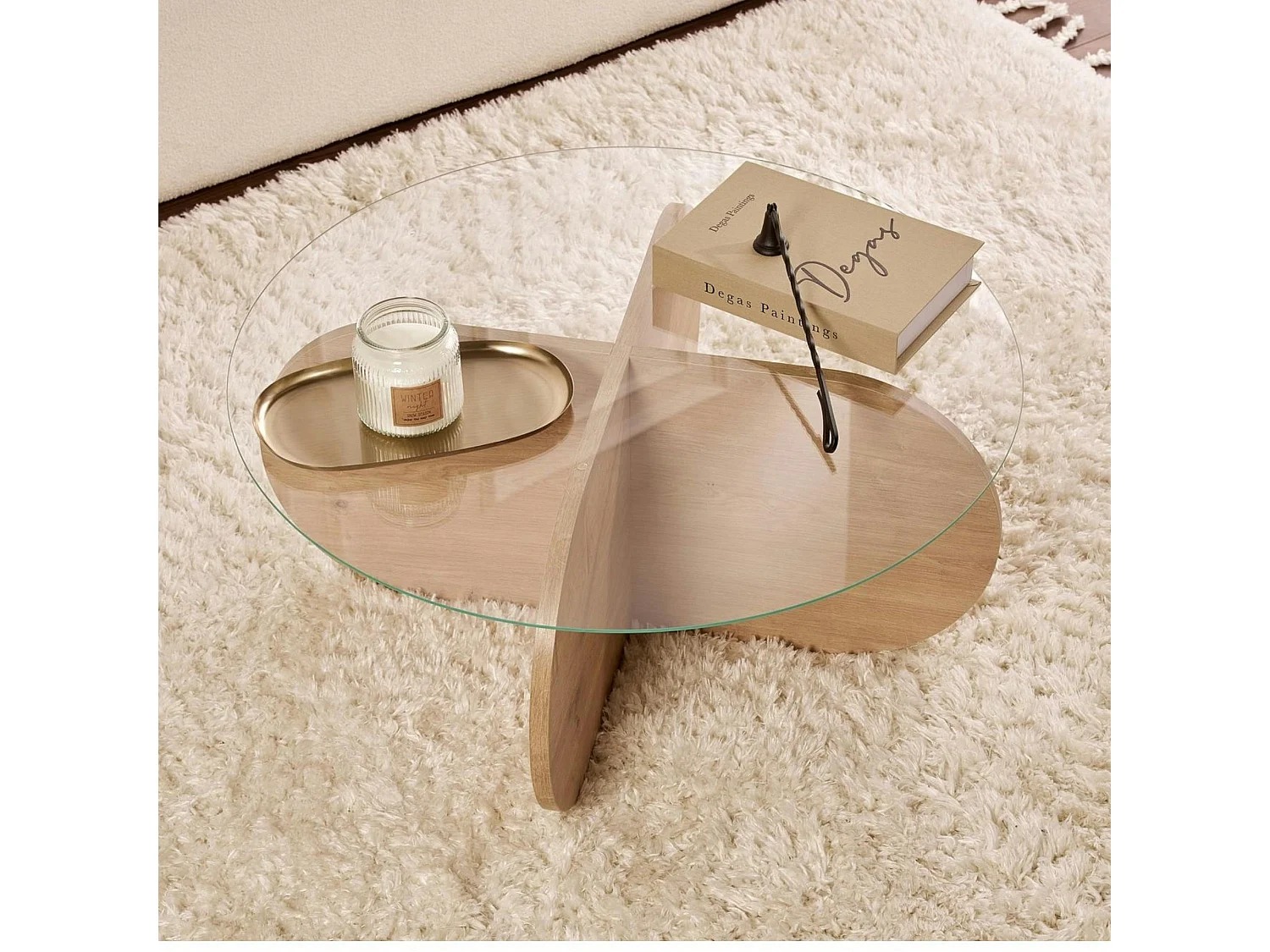 Table basse en verre - pied en croix effet chêne clair SALTA