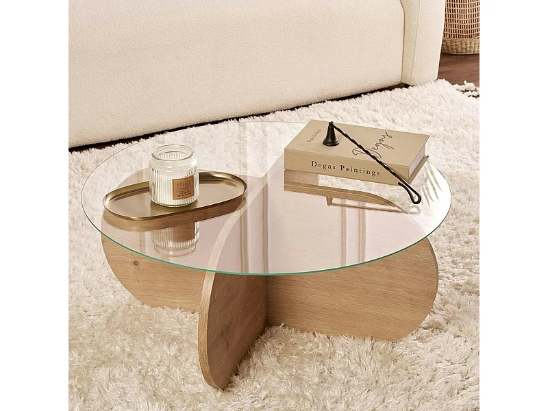 Table basse en verre - pied en croix effet chêne clair SALTA