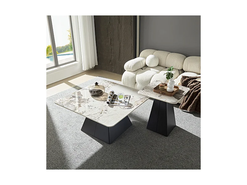 Table d'appoint carrée céramique marbré beige pied trapèze - OSWALD