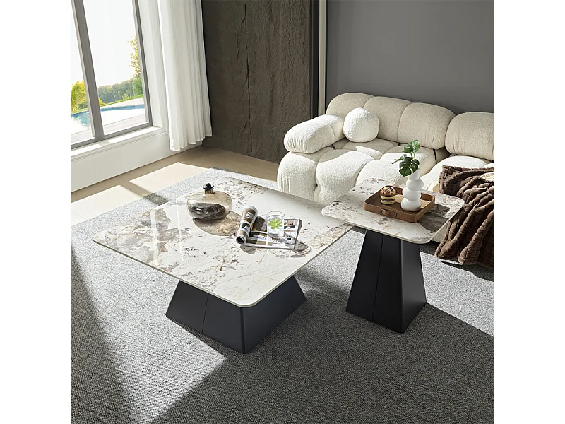 Table d'appoint carrée céramique marbré beige pied trapèze - OSWALD