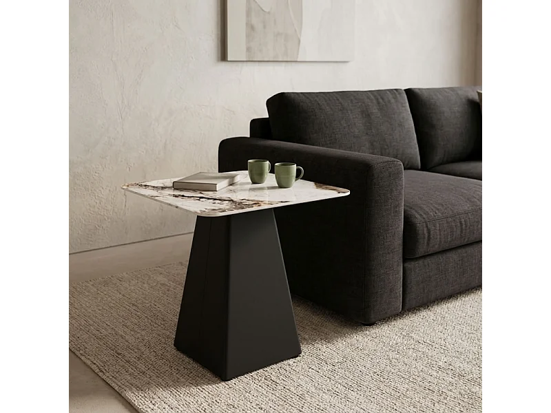 Table d'appoint carrée céramique marbré beige pied trapèze - OSWALD