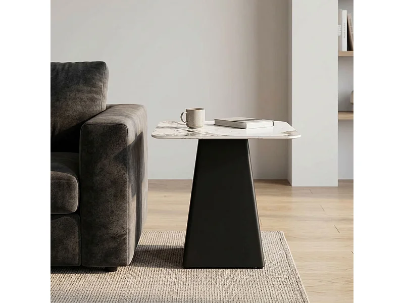 Table d'appoint carrée céramique marbré beige pied trapèze - OSWALD