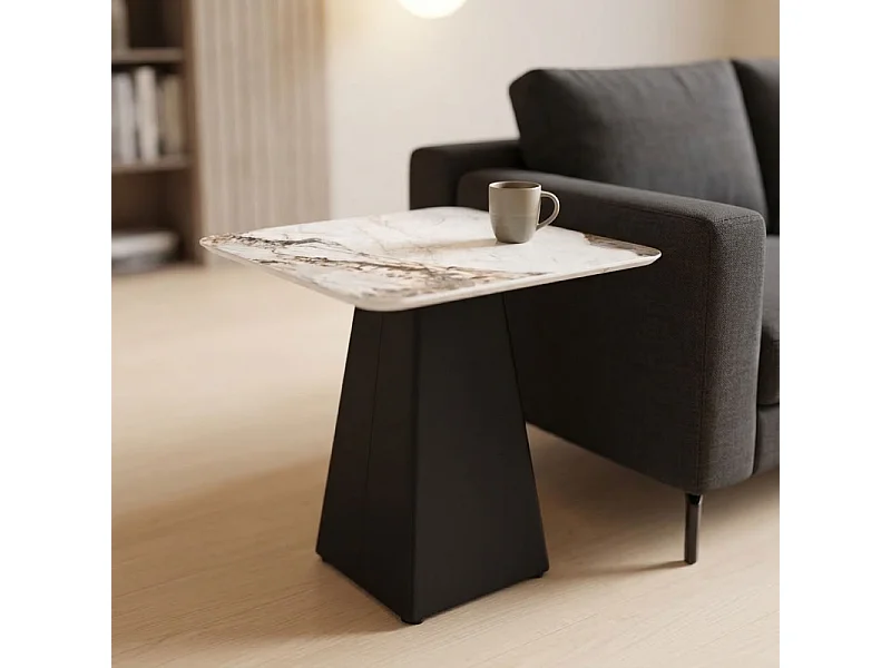 Table d'appoint carrée céramique marbré beige pied trapèze - OSWALD