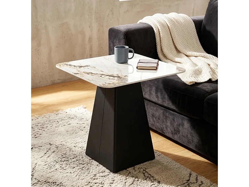 Table d'appoint carrée céramique marbré beige pied trapèze - OSWALD