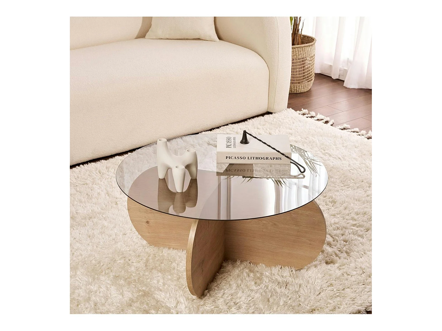 Table basse verre fumé - pied en croix effet chêne clair SALTA