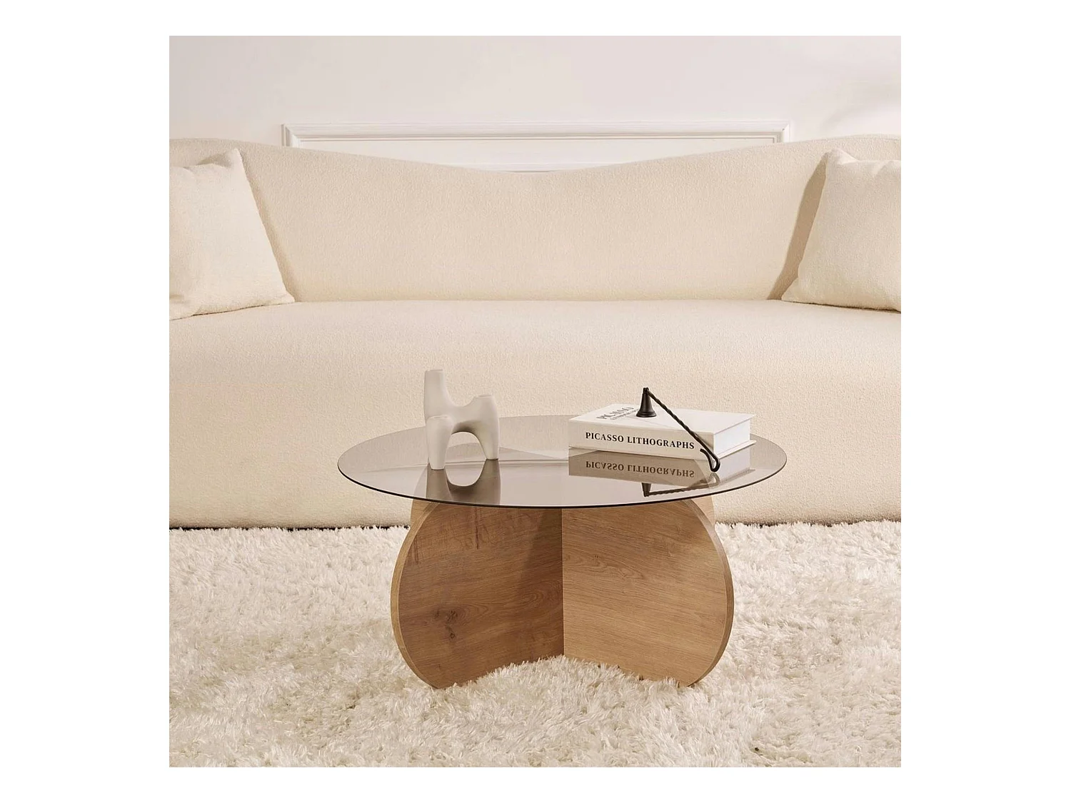 Table basse verre fumé - pied en croix effet chêne clair SALTA