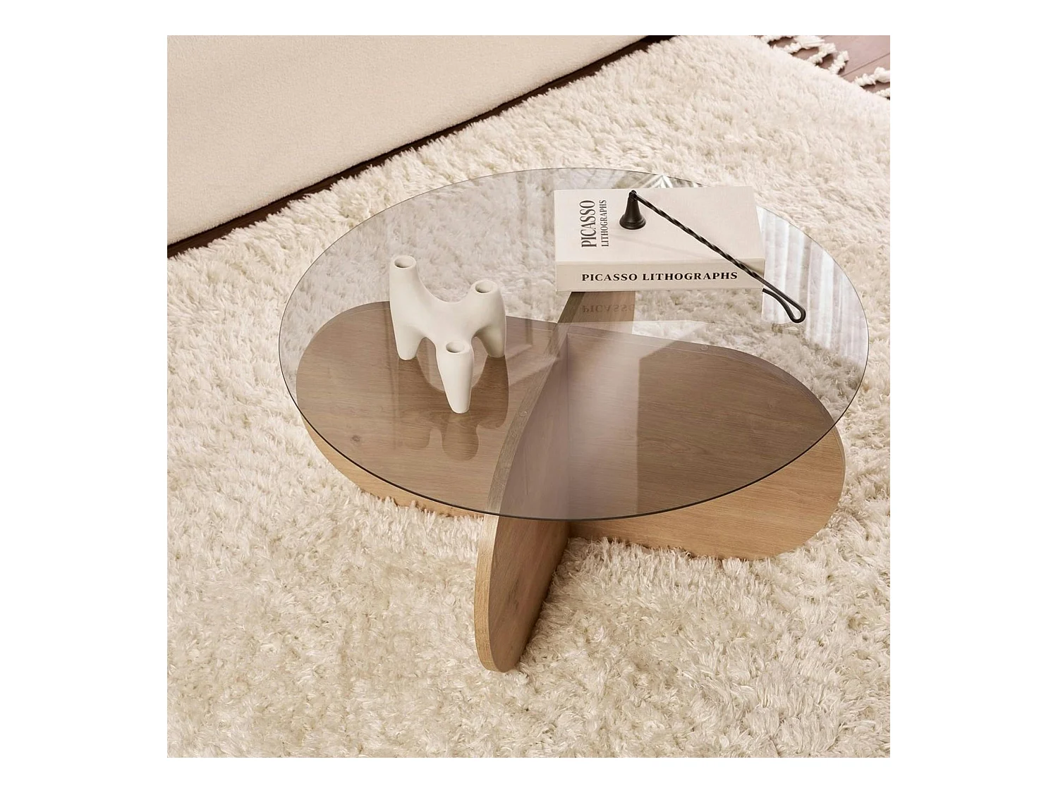 Table basse verre fumé - pied en croix effet chêne clair SALTA