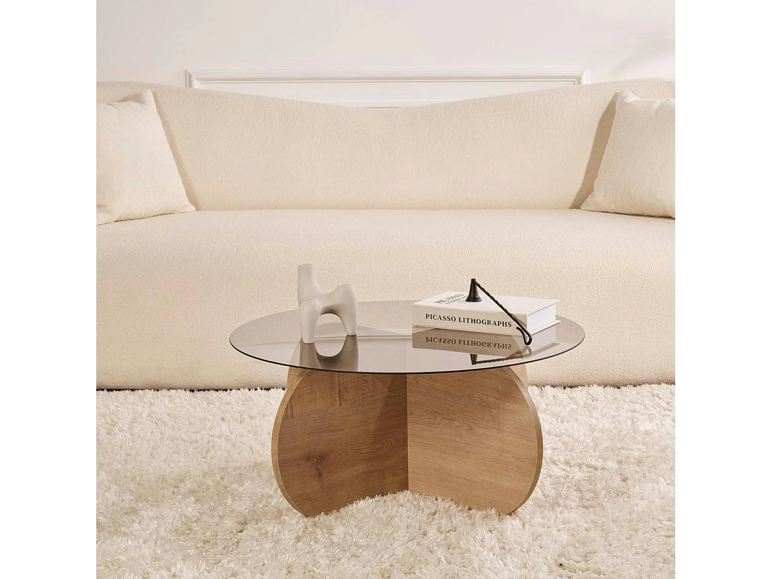 Table basse verre fumé - pied en croix effet chêne clair SALTA