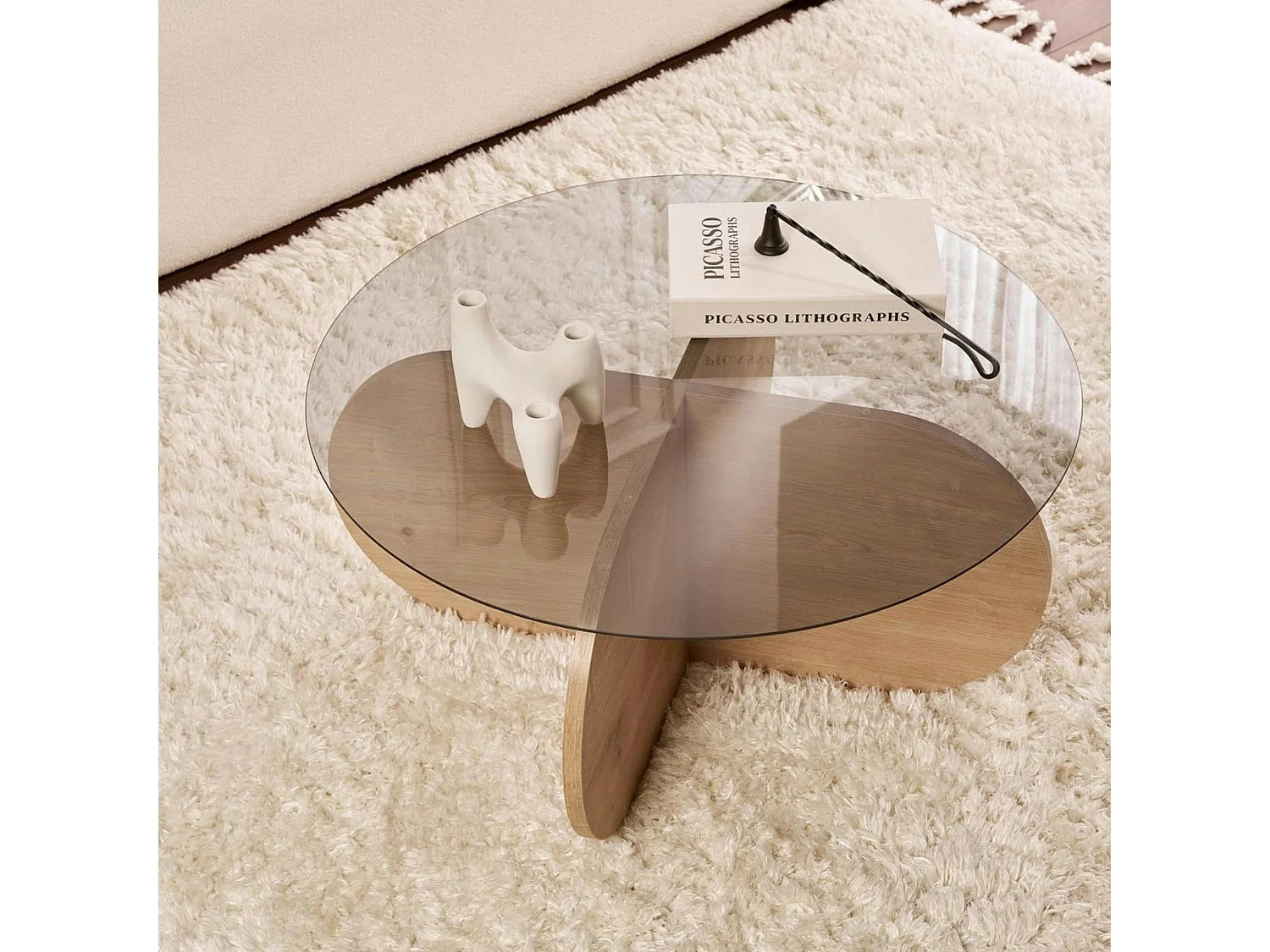 Table basse verre fumé - pied en croix effet chêne clair SALTA