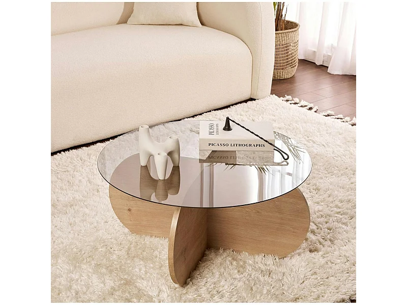 Table basse verre fumé - pied en croix effet chêne clair SALTA