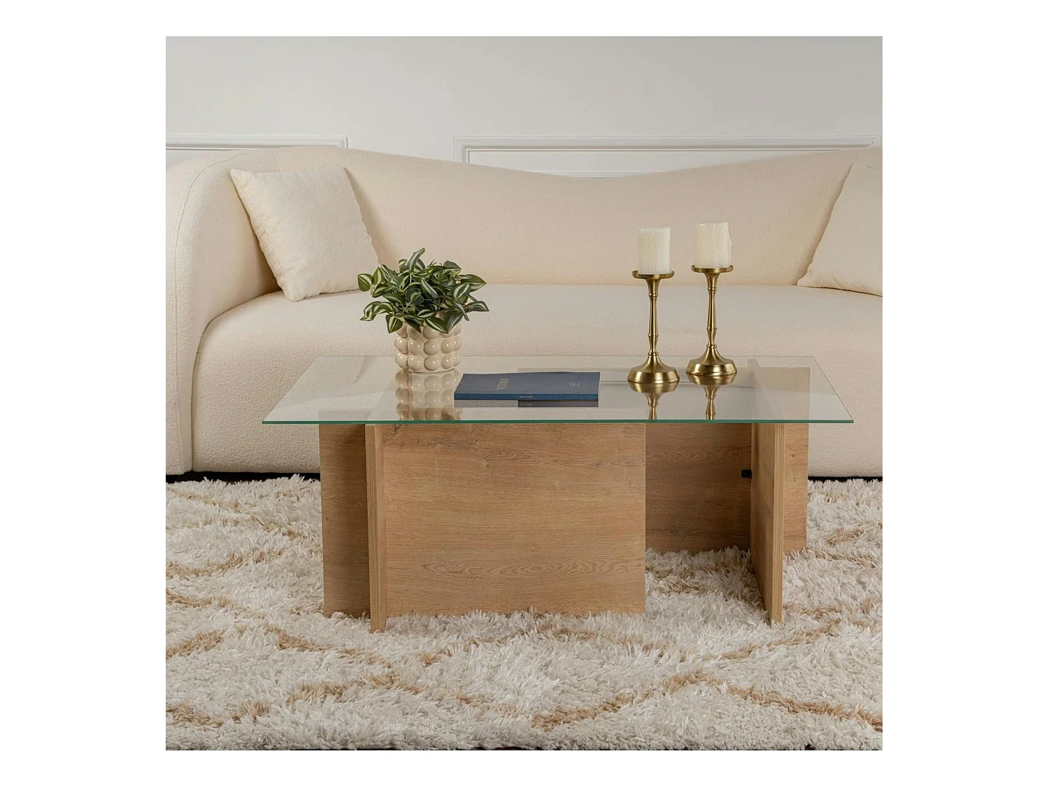 Table basse verre déstructurée – effet chêne cl., H. 40 cm SALTA