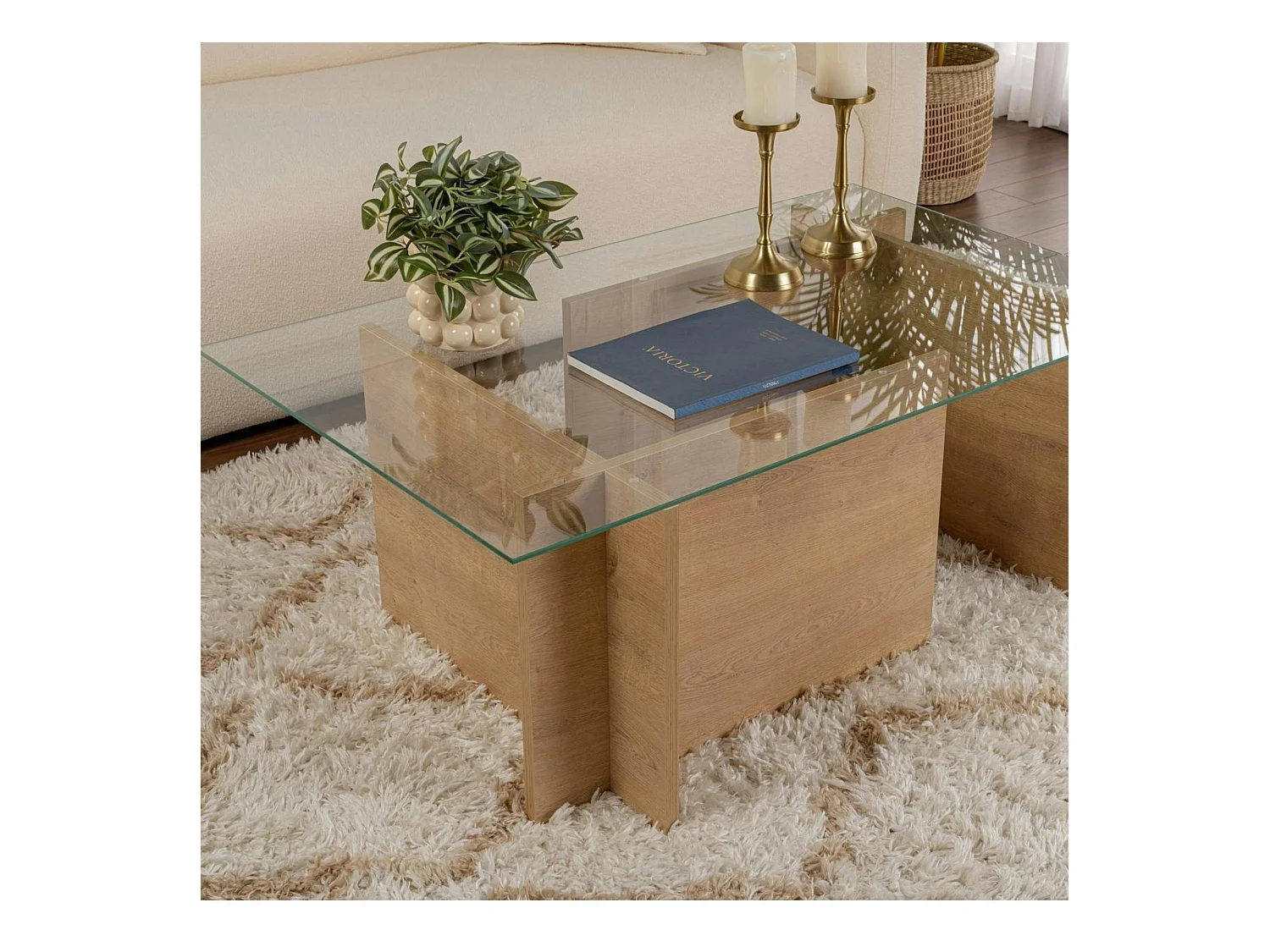 Table basse verre déstructurée – effet chêne cl., H. 40 cm SALTA