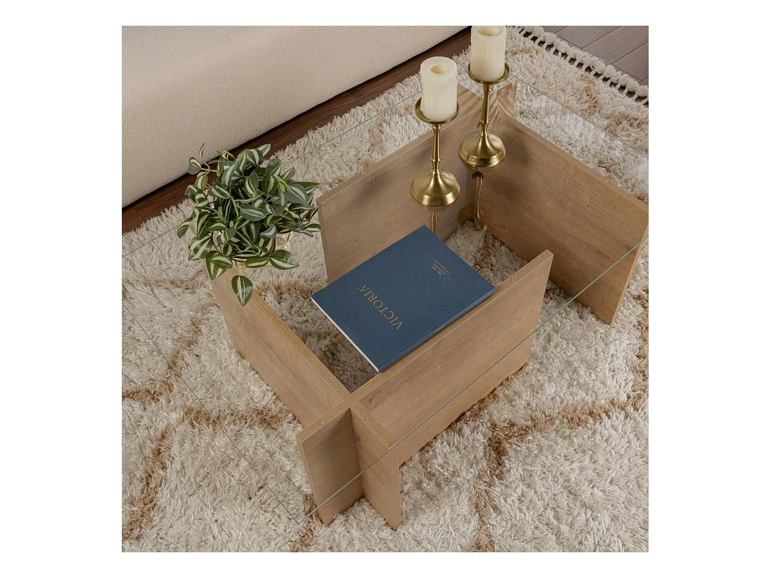 Table basse verre déstructurée – effet chêne cl., H. 40 cm SALTA