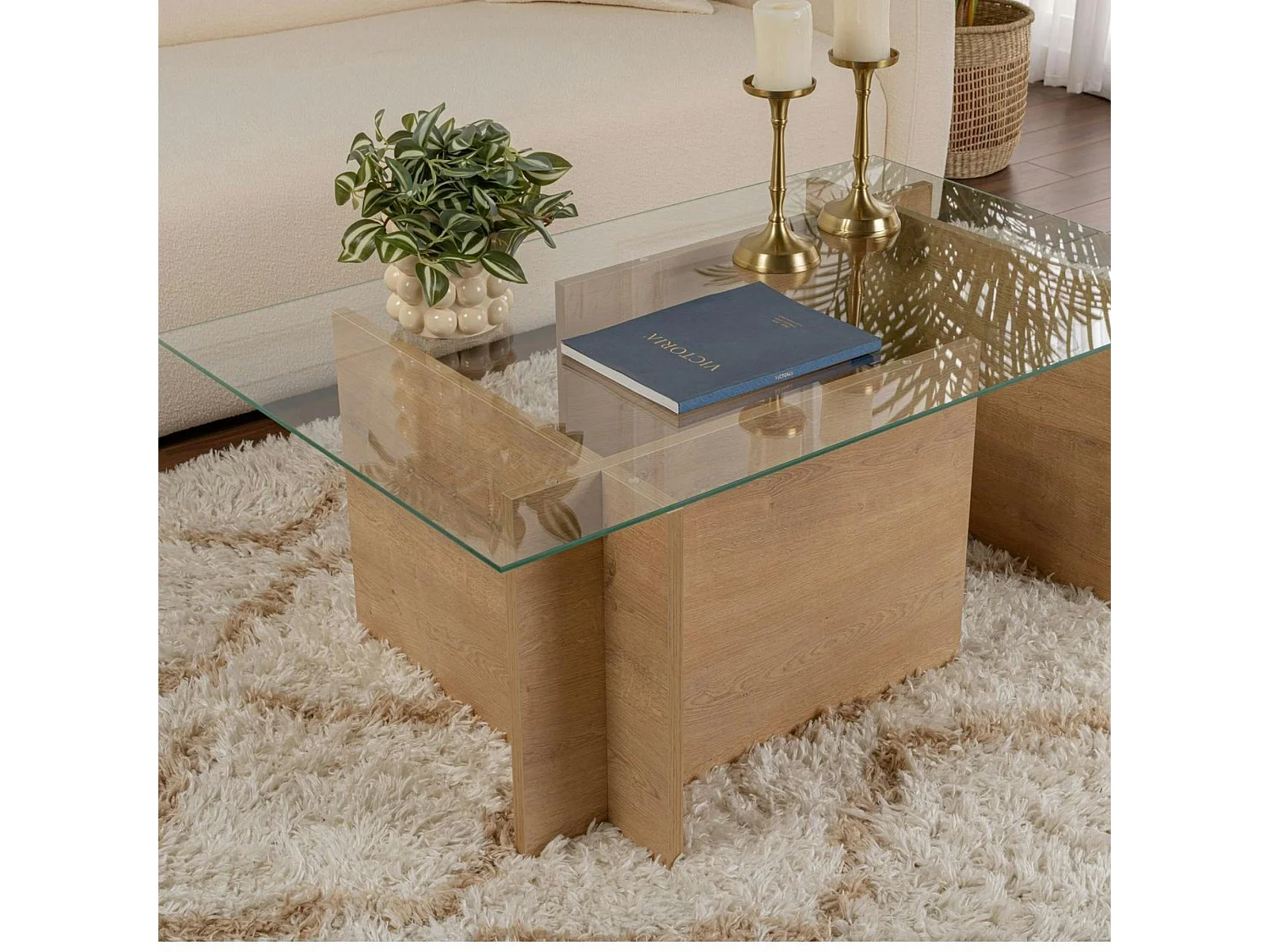 Table basse verre déstructurée – effet chêne cl., H. 40 cm SALTA