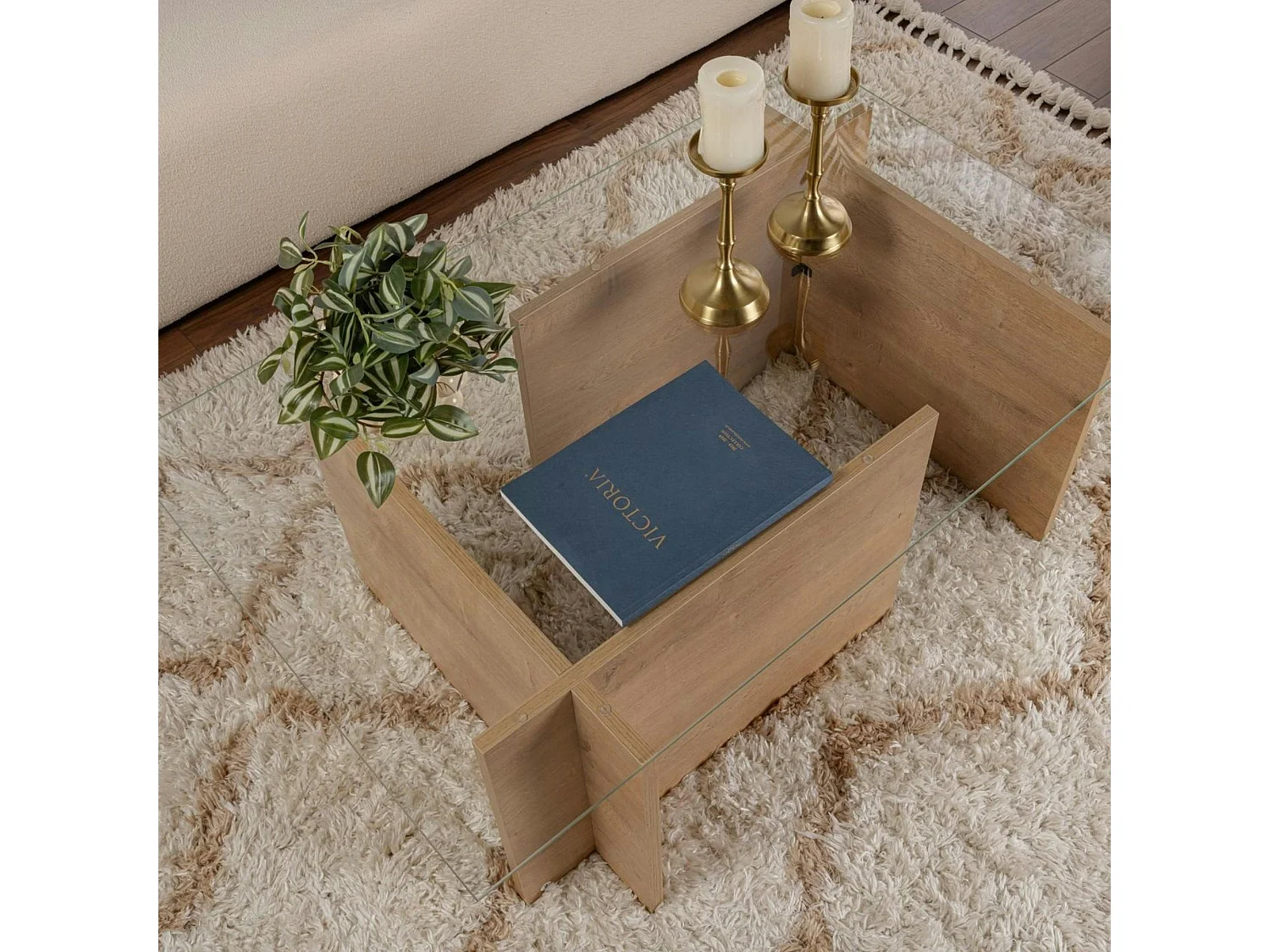 Table basse verre déstructurée – effet chêne cl., H. 40 cm SALTA