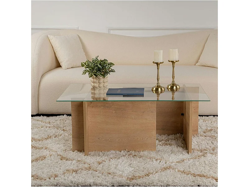 Table basse verre déstructurée – effet chêne cl., H. 40 cm SALTA