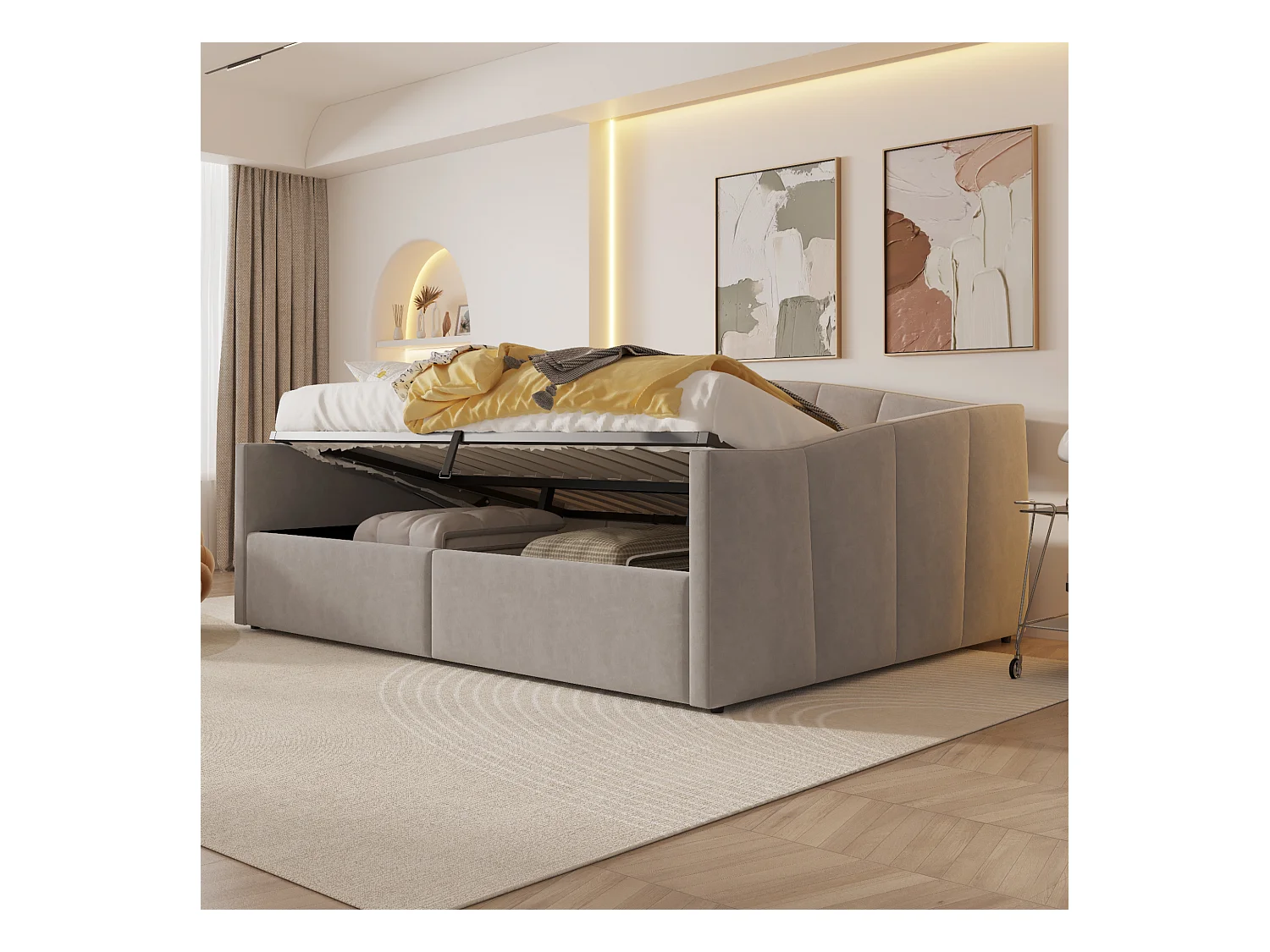 Cama doble de 140 x 200 cm con compartimento hidráulico y sofá cama con somier de láminas, gris claro
