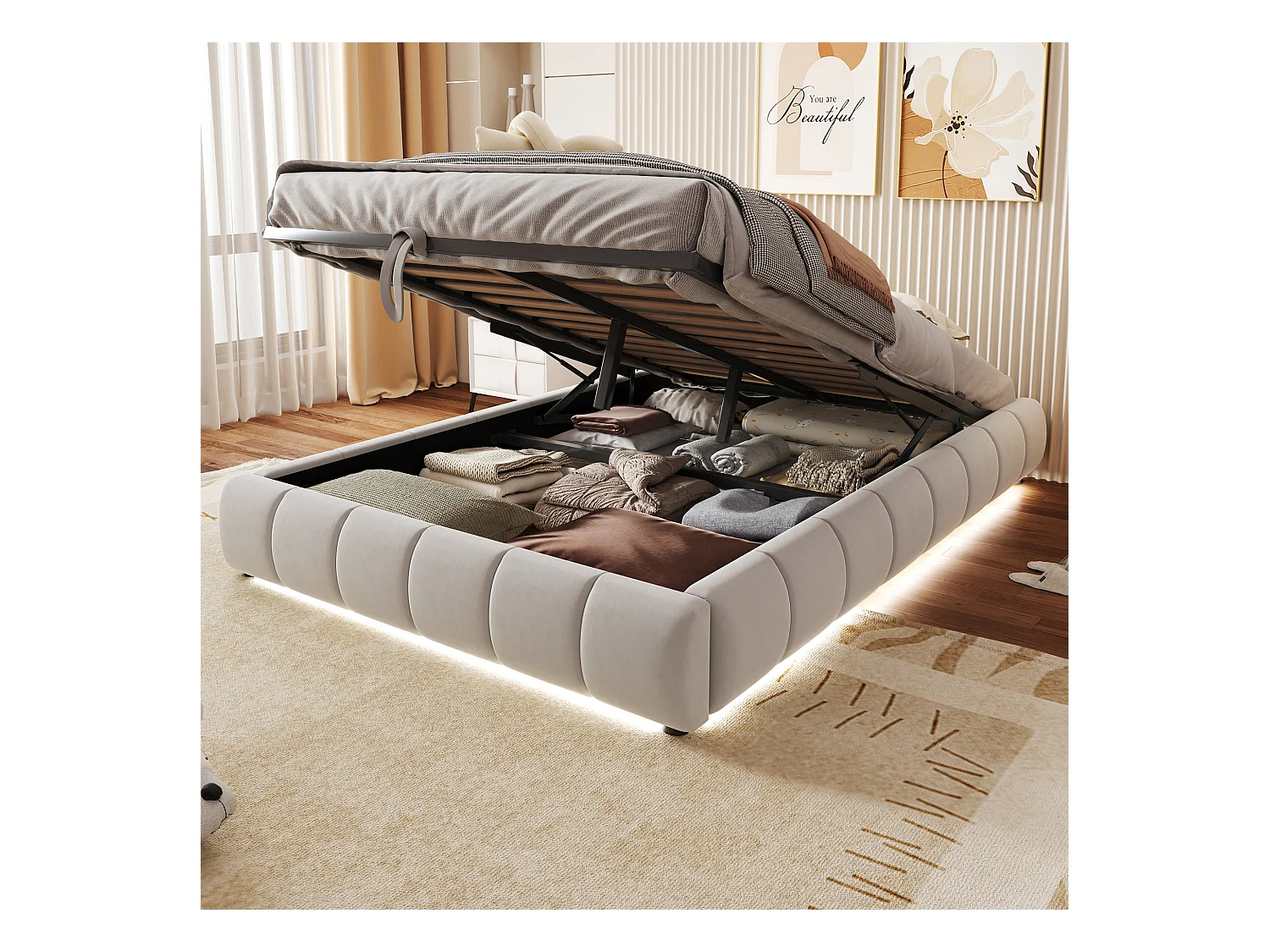Cama tapizada, 140 x 200 cm, con espacio de almacenaje, con LED, cama doble sin cabecero, Beige