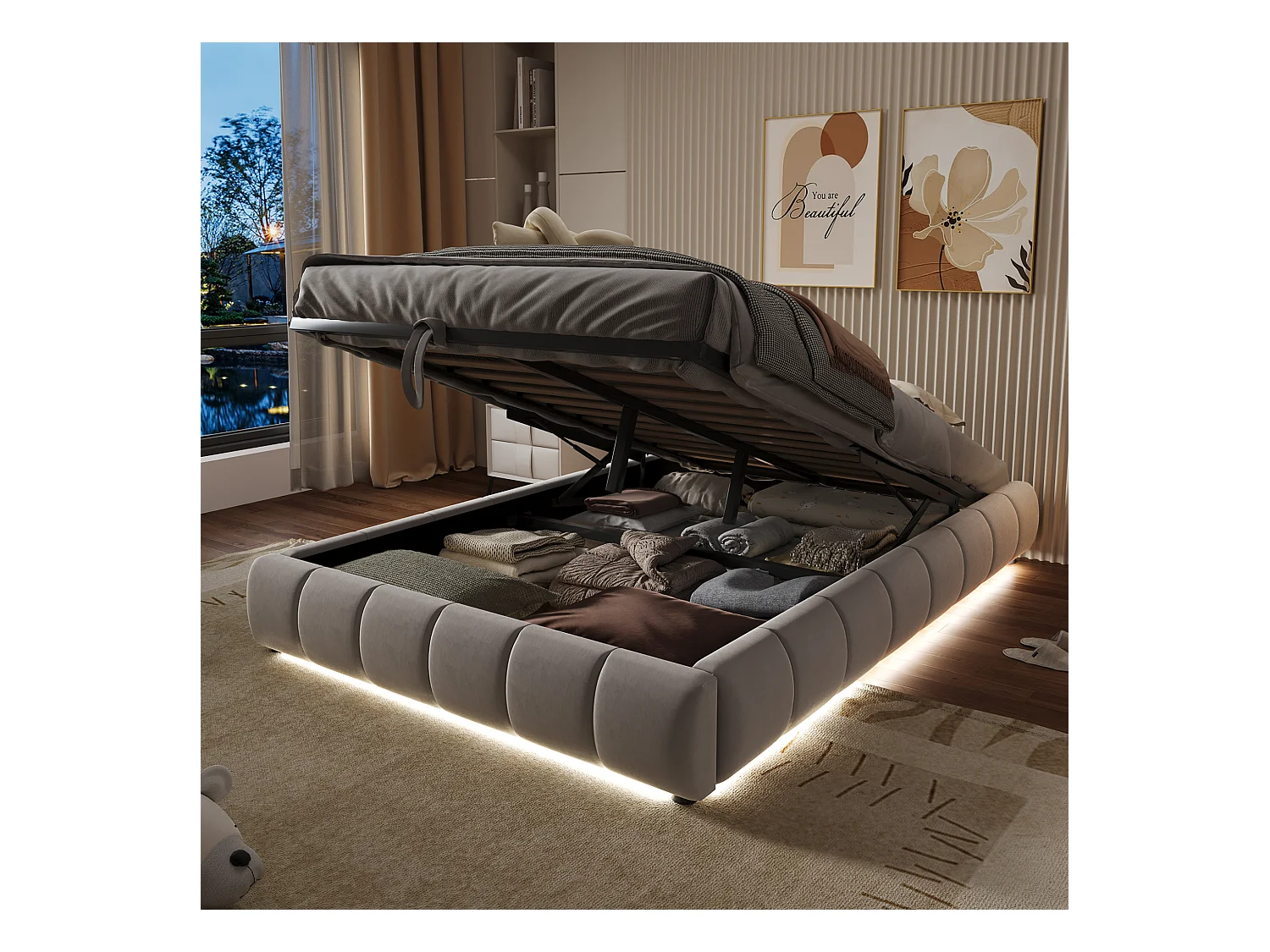 Cama tapizada, 140 x 200 cm, con espacio de almacenaje, con LED, cama doble sin cabecero, Beige