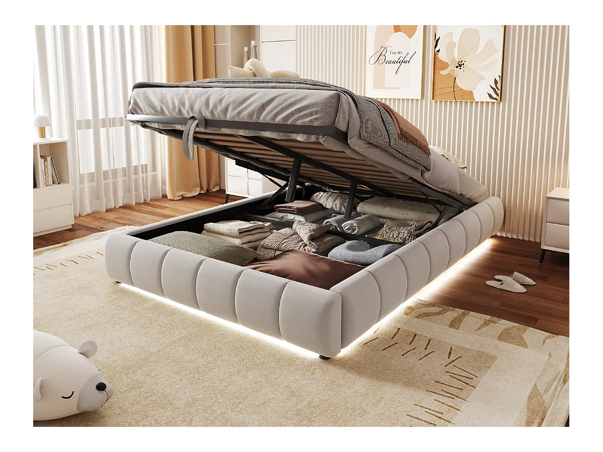 Cama tapizada, 140 x 200 cm, con espacio de almacenaje, con LED, cama doble sin cabecero, Beige