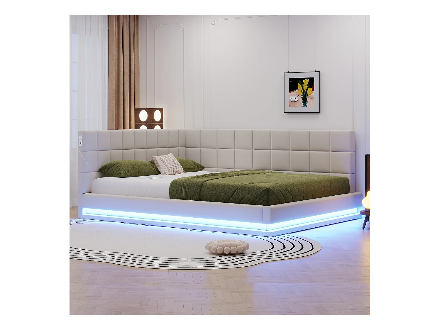 Lit rembourré avec LED et USB, cadre de lit avec sommier à lattes, lit de repos, Beige-160 * 200cm