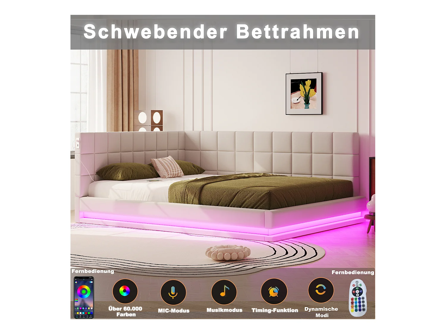 Lit rembourré avec LED et USB, cadre de lit avec sommier à lattes, lit de repos, Beige-160 * 200cm