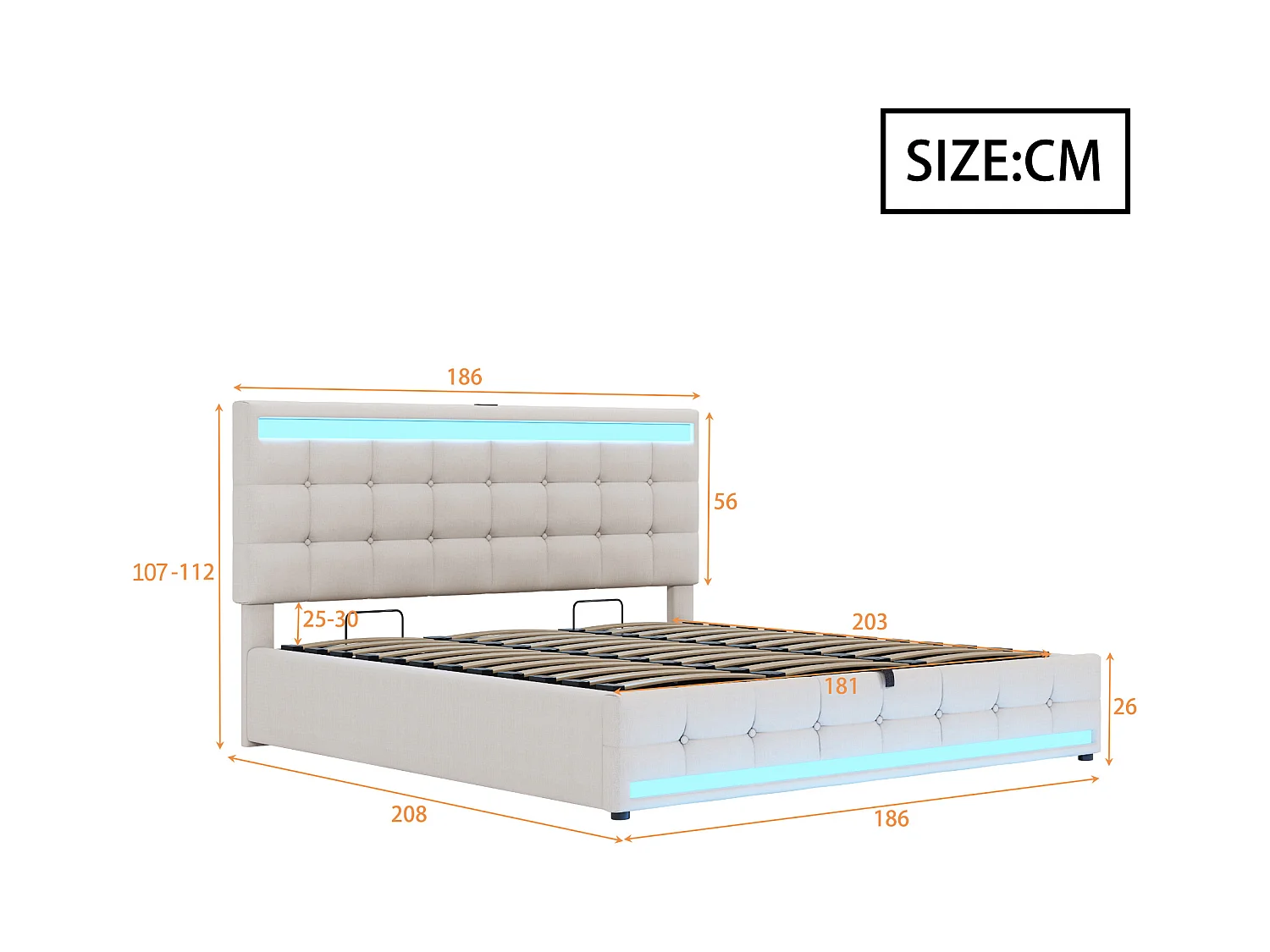 Lit double rembourré, 180 x 200 cm, avec LED, 4 tiroirs de rangement, avec sommier à lattes, Beige