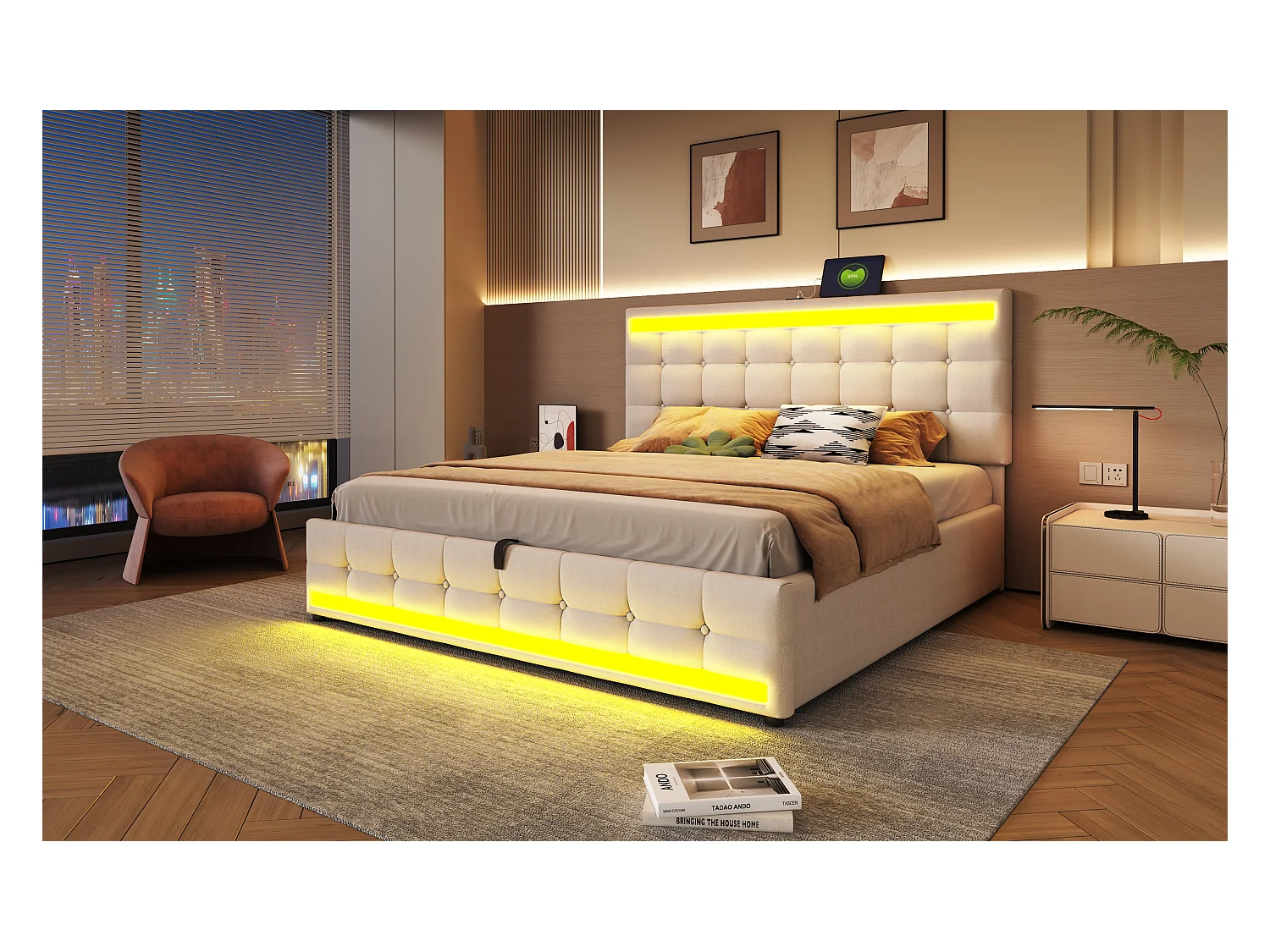 Lit double rembourré, 180 x 200 cm, avec LED, 4 tiroirs de rangement, avec sommier à lattes, Beige