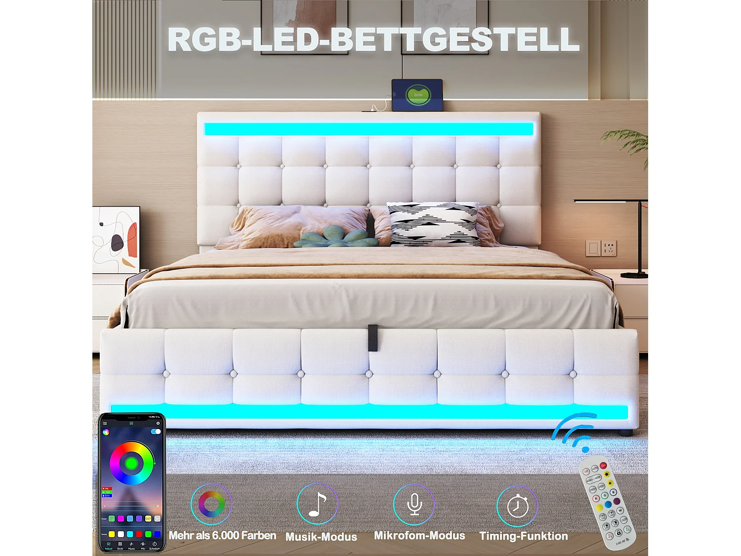 Lit double rembourré, 180 x 200 cm, avec LED, 4 tiroirs de rangement, avec sommier à lattes, Beige