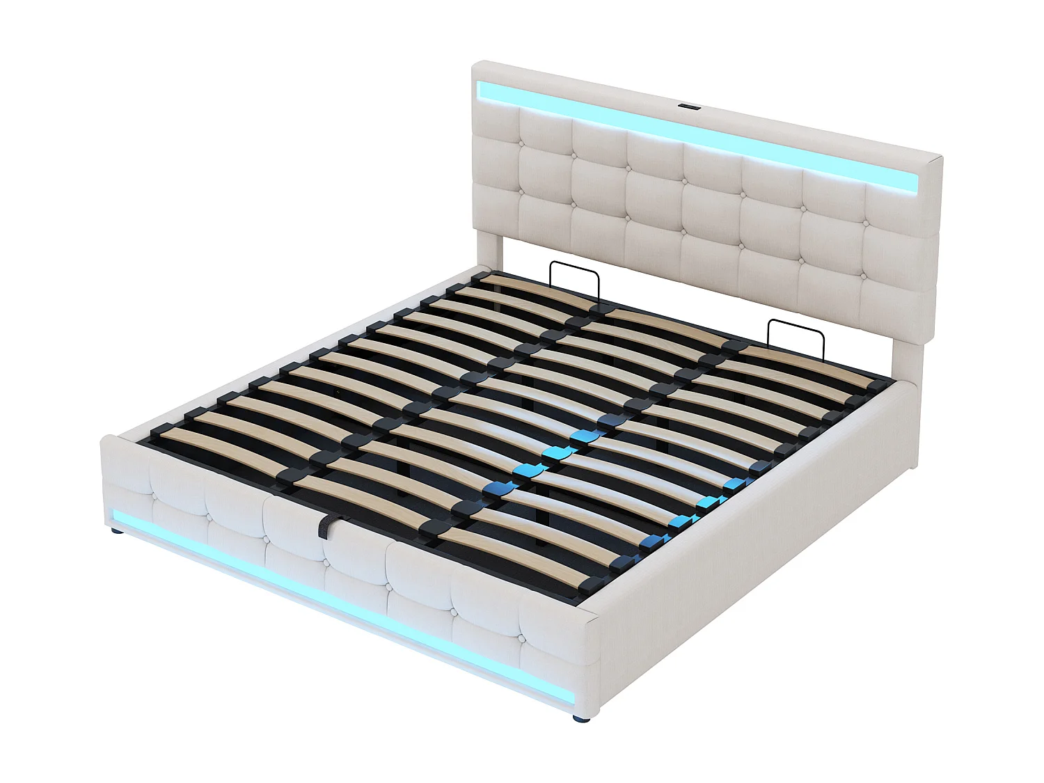 Lit double rembourré, 180 x 200 cm, avec LED, 4 tiroirs de rangement, avec sommier à lattes, Beige