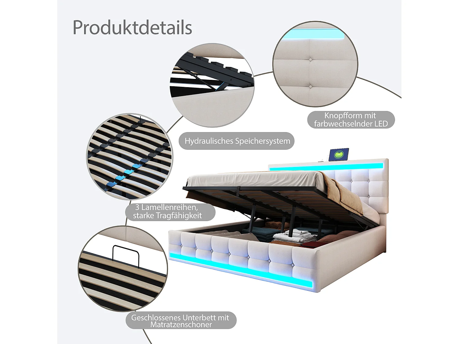 Cama de casal estofada, 180 x 200 cm, com iluminação LED, 4 gavetas de arrumação, com estrado de ripas, bege.