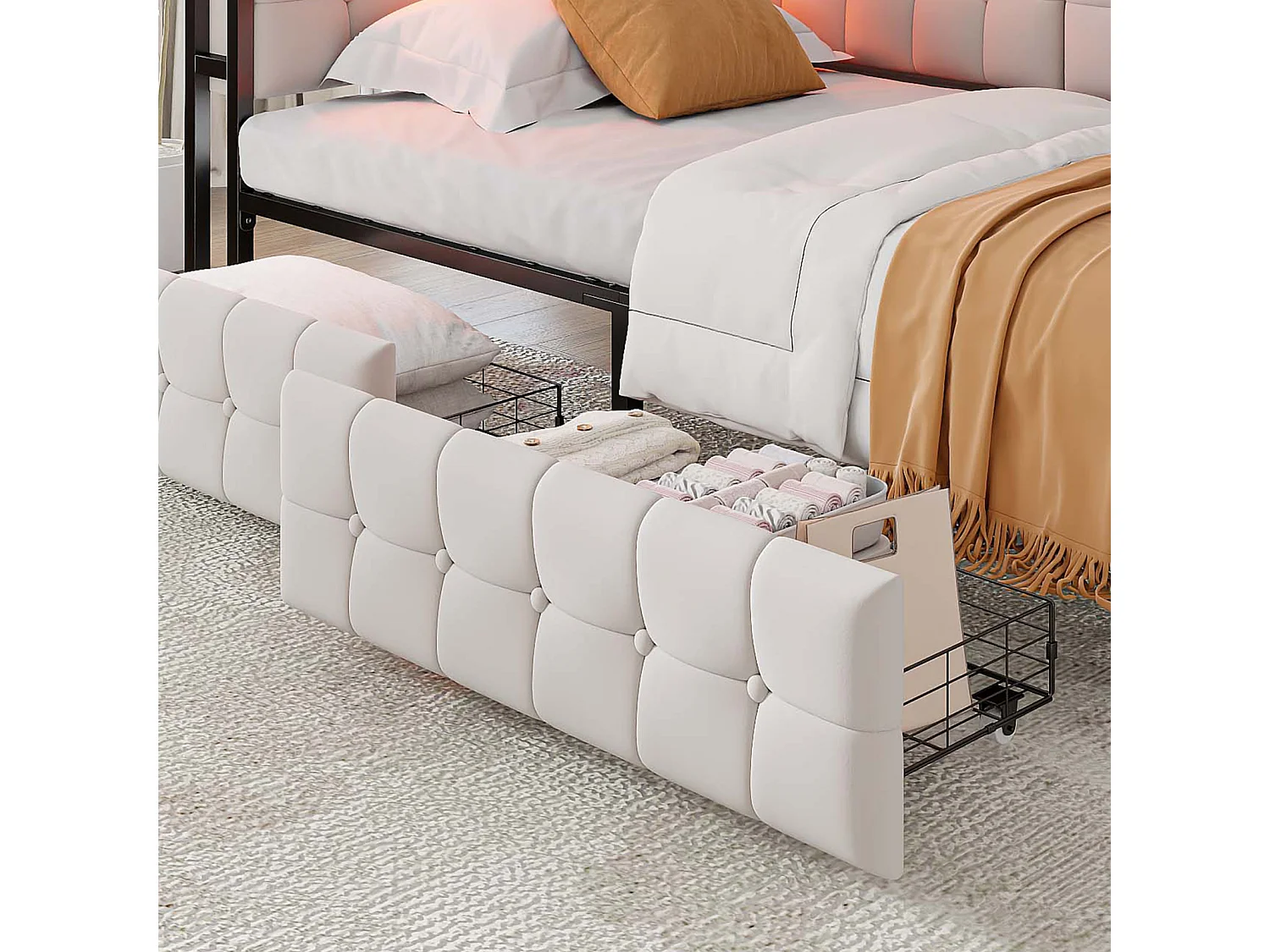 Divano letto trasformabile 90x200 cm con cassetti portaoggetti, illuminazione a LED e porte USB/USB-C, beige