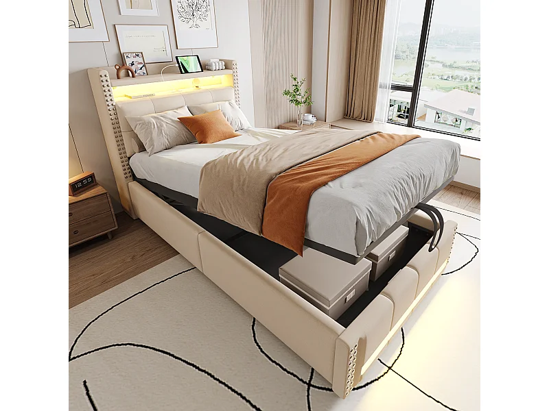 Lit double 90 x 200 cm avec LED et USB, tête de lit rembourrée, espace de rangement, lin, Beige