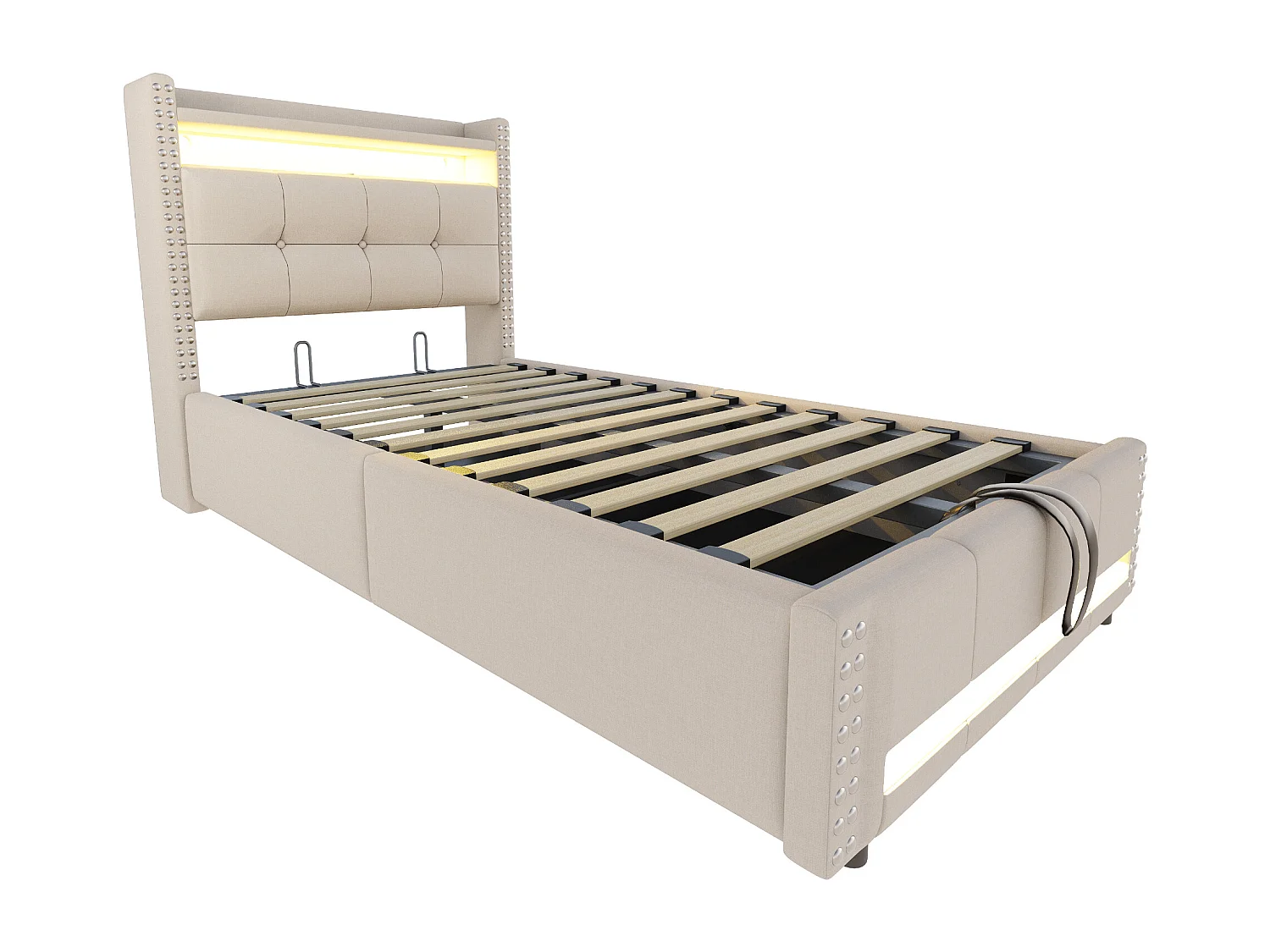 Lit double 90 x 200 cm avec LED et USB, tête de lit rembourrée, espace de rangement, lin, Beige