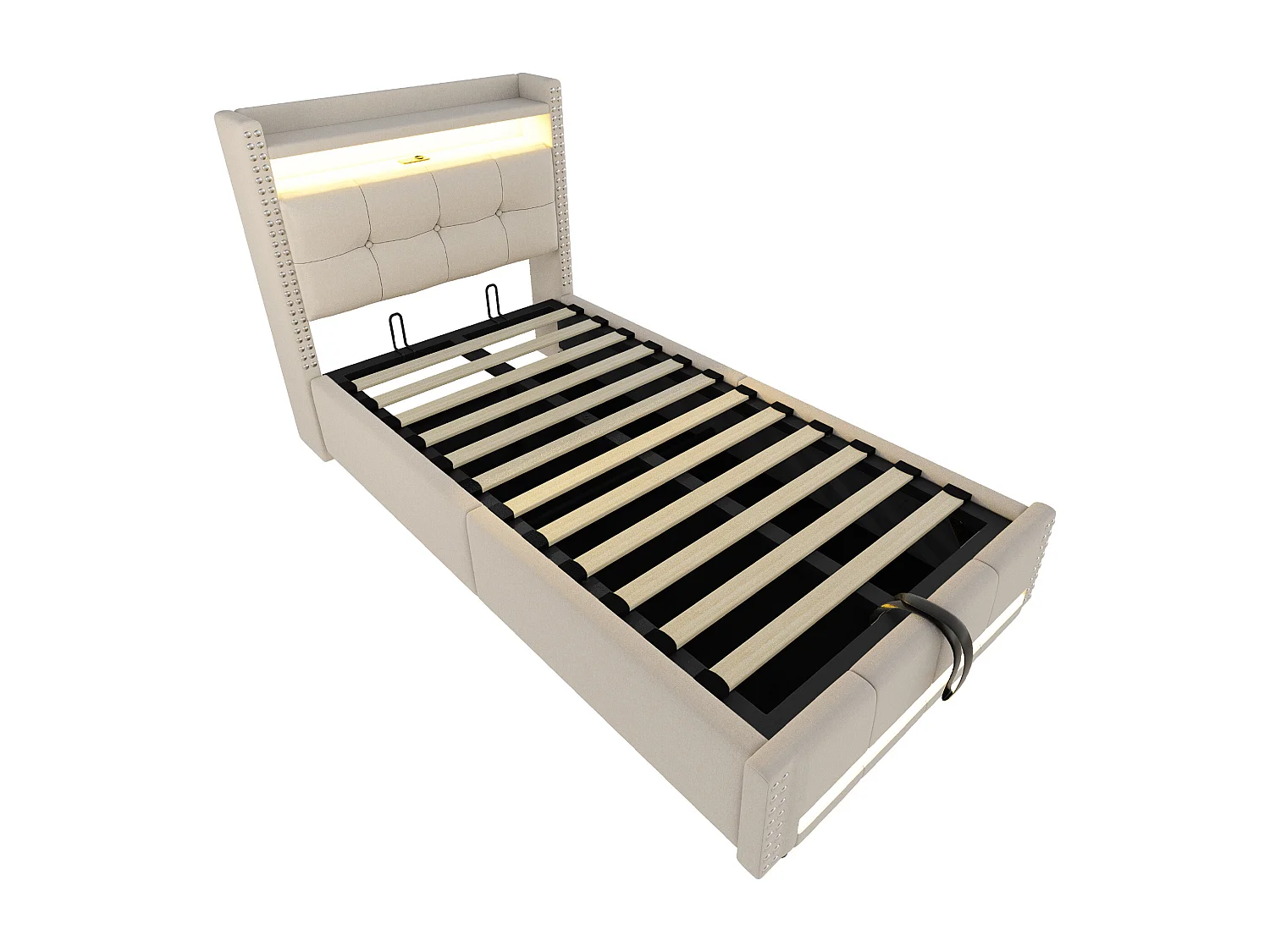 Lit double 90 x 200 cm avec LED et USB, tête de lit rembourrée, espace de rangement, lin, Beige