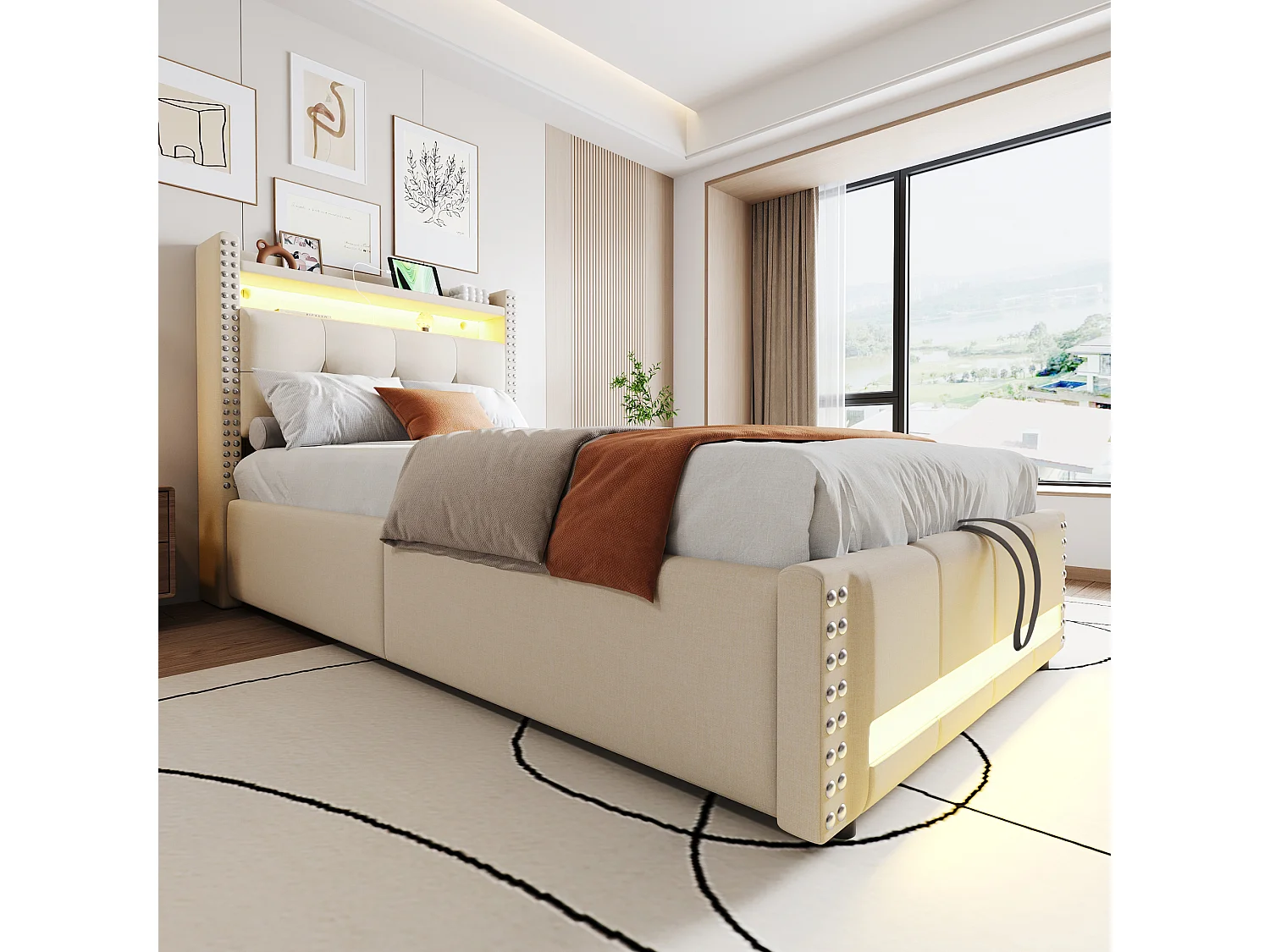Cama de casal 90 x 200 cm com LED e USB, cabeceira estofada, espaço de armazenamento, roupa de cama, bege