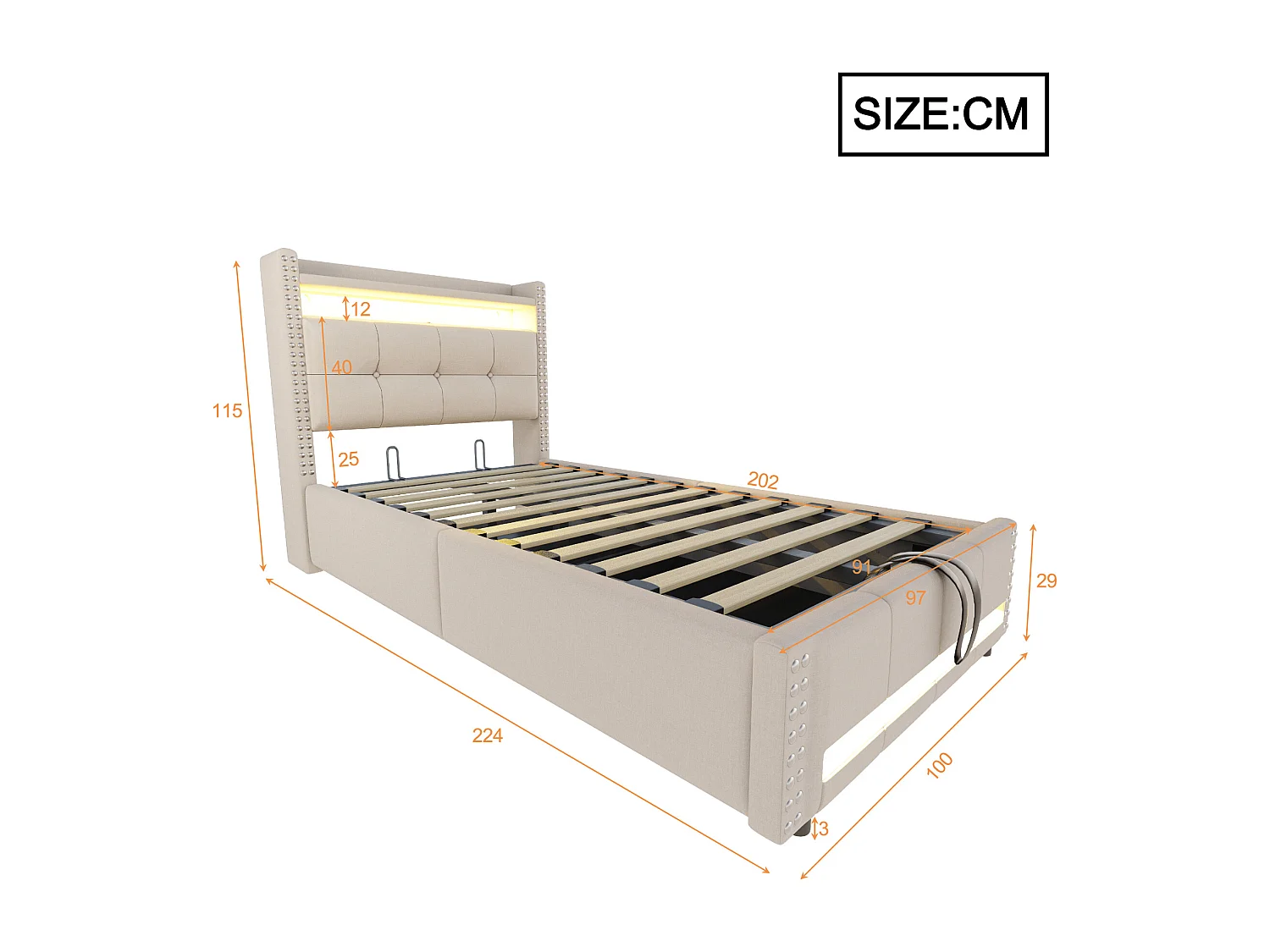 Cama de casal 90 x 200 cm com LED e USB, cabeceira estofada, espaço de armazenamento, roupa de cama, bege