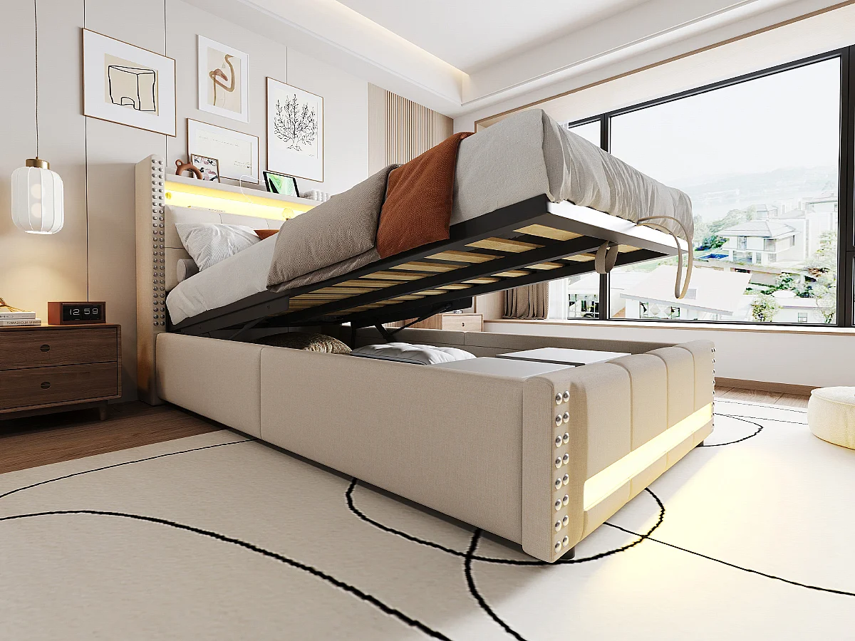 Cama de casal 90 x 200 cm com LED e USB, cabeceira estofada, espaço de armazenamento, roupa de cama, bege