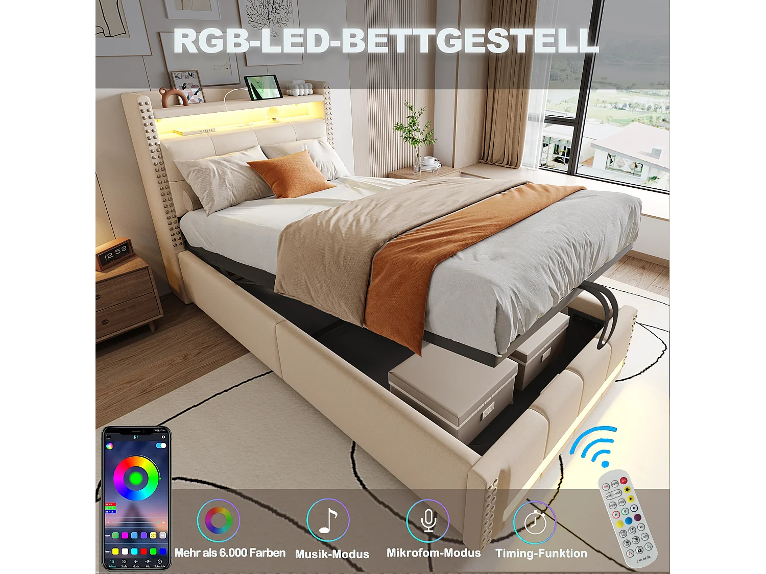 Cama de casal 90 x 200 cm com LED e USB, cabeceira estofada, espaço de armazenamento, roupa de cama, bege