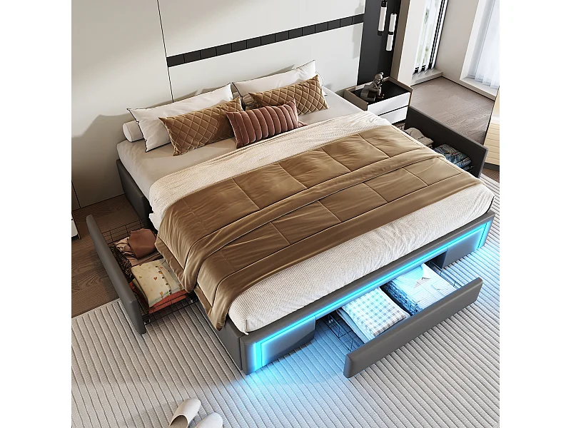 Cama 180x200 cm con cajones, con LED, Cama de matrimonio con láminas metálicas, sin cabecero, Gris