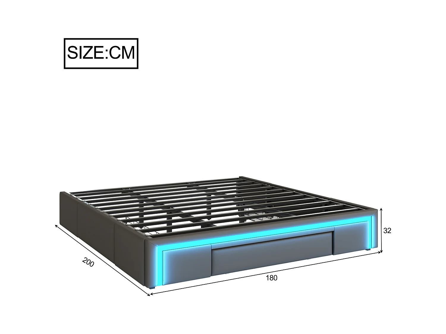 Bed 180x200 cm met lades, met LED, tweepersoonsbed met metalen lattenbodem, zonder hoofdeinde, grijs