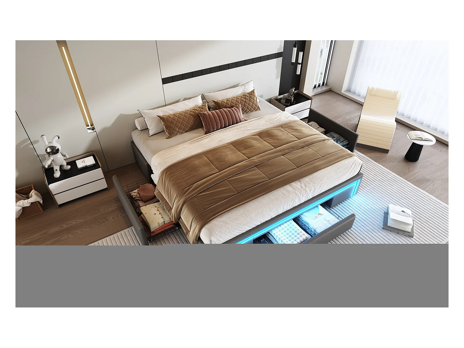 Bed 180x200 cm met lades, met LED, tweepersoonsbed met metalen lattenbodem, zonder hoofdeinde, grijs