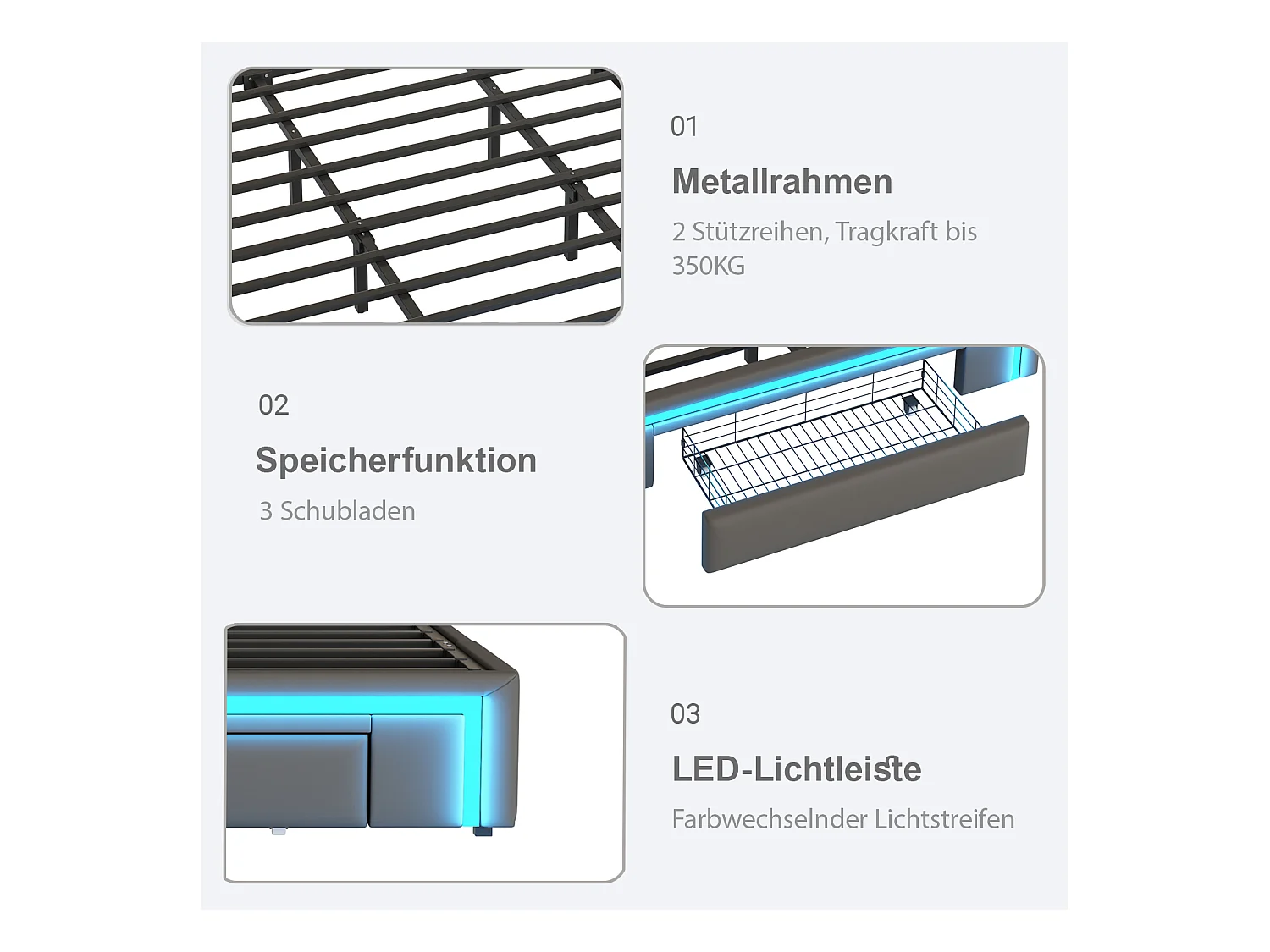 Bed 180x200 cm met lades, met LED, tweepersoonsbed met metalen lattenbodem, zonder hoofdeinde, grijs
