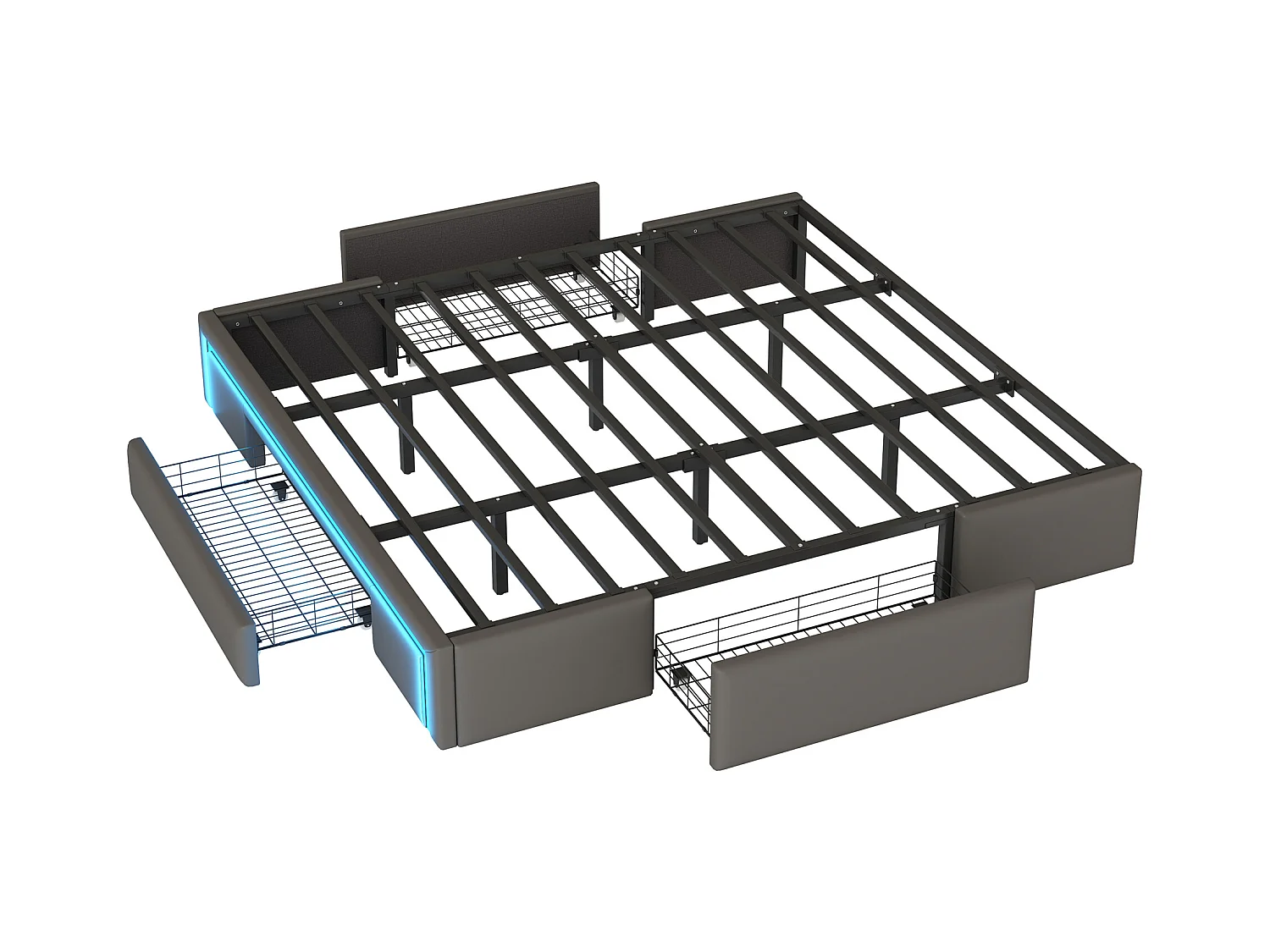 Bed 180x200 cm met lades, met LED, tweepersoonsbed met metalen lattenbodem, zonder hoofdeinde, grijs