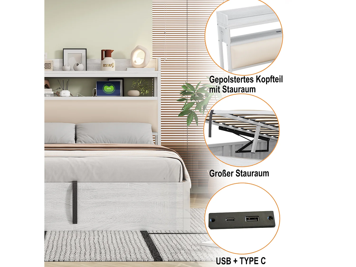 Lit Double Rembourré avec USB, avec espace de rangement, 90 x 200 cm, Sommier à Lattes, Blanc