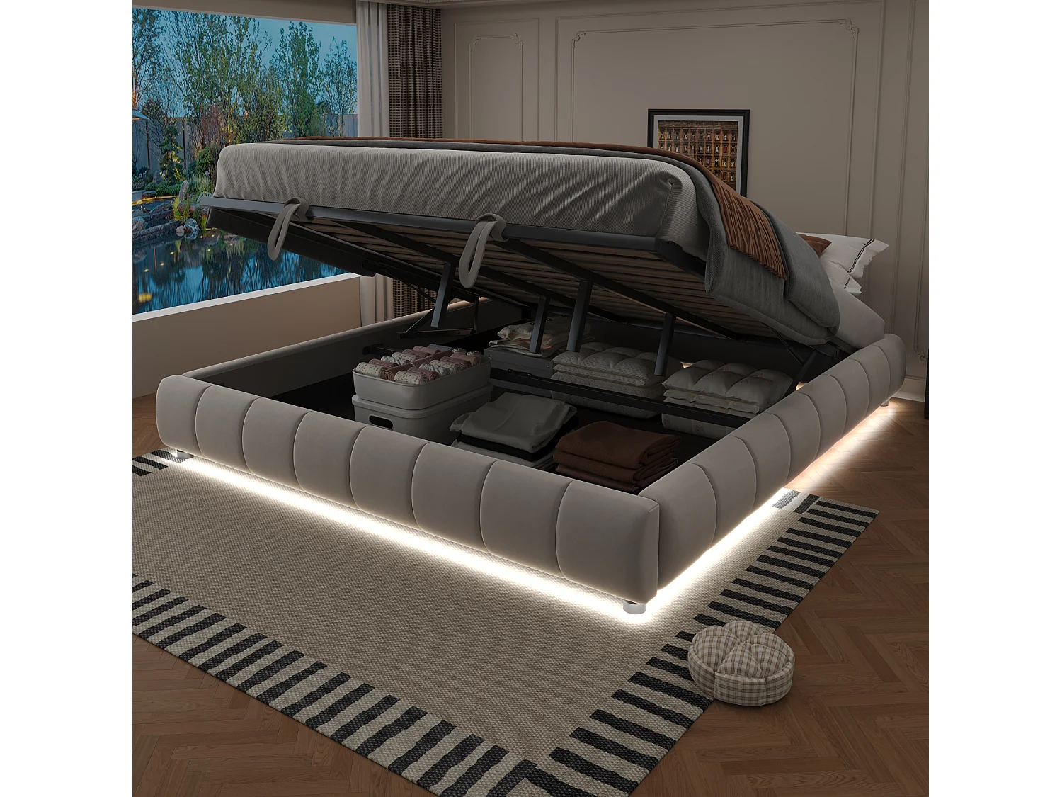 Cama tapizada, 180 x 200 cm, con espacio de almacenaje, con LED, cama doble sin cabecero, Beige