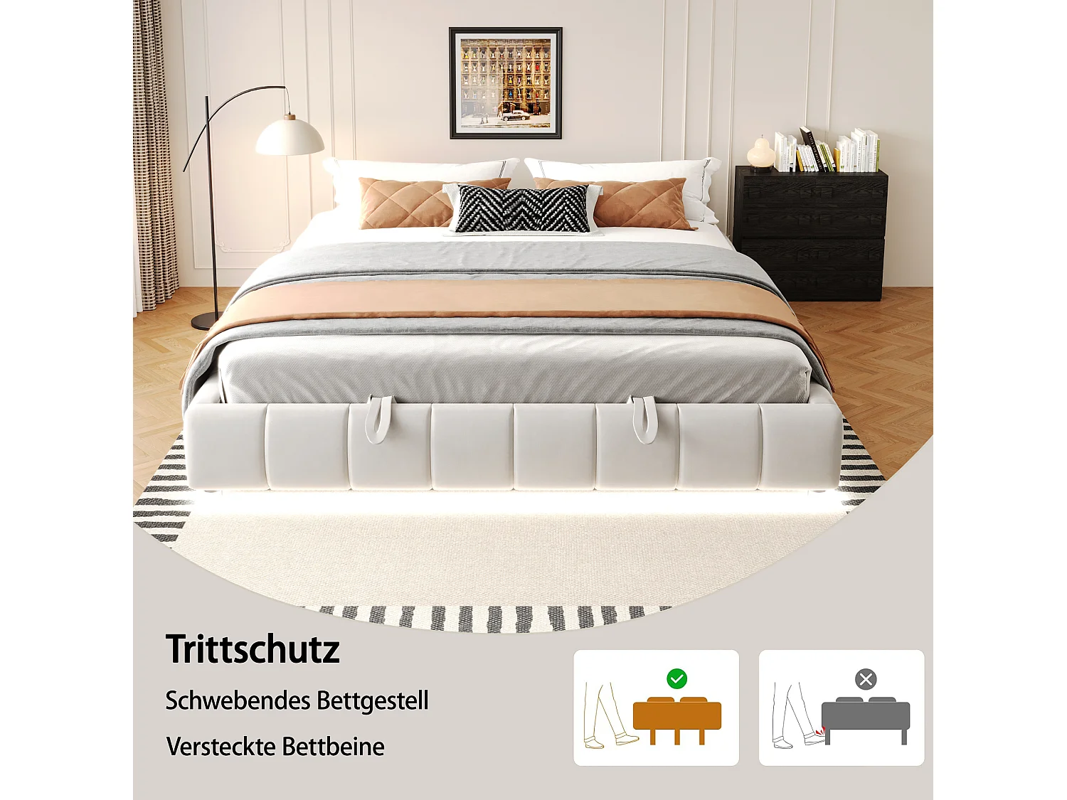 Cama tapizada, 180 x 200 cm, con espacio de almacenaje, con LED, cama doble sin cabecero, Beige